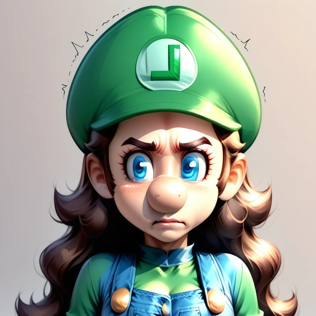 1woman, Luigette, no mustache, no facial hair, adult woman, long nose, extremely long face, extremely long and narrow head shape, very weak chin, extremely weak jawline, brown hair, lightly wavy hair, blue eyes, tall eyes, average bust, average hips, average waist, denim coveralls, green shirt, luigi hat, white gloves, shaking in fear, fearful expression, closed off posture, sneaking, creeping along, hunched over, no aura,