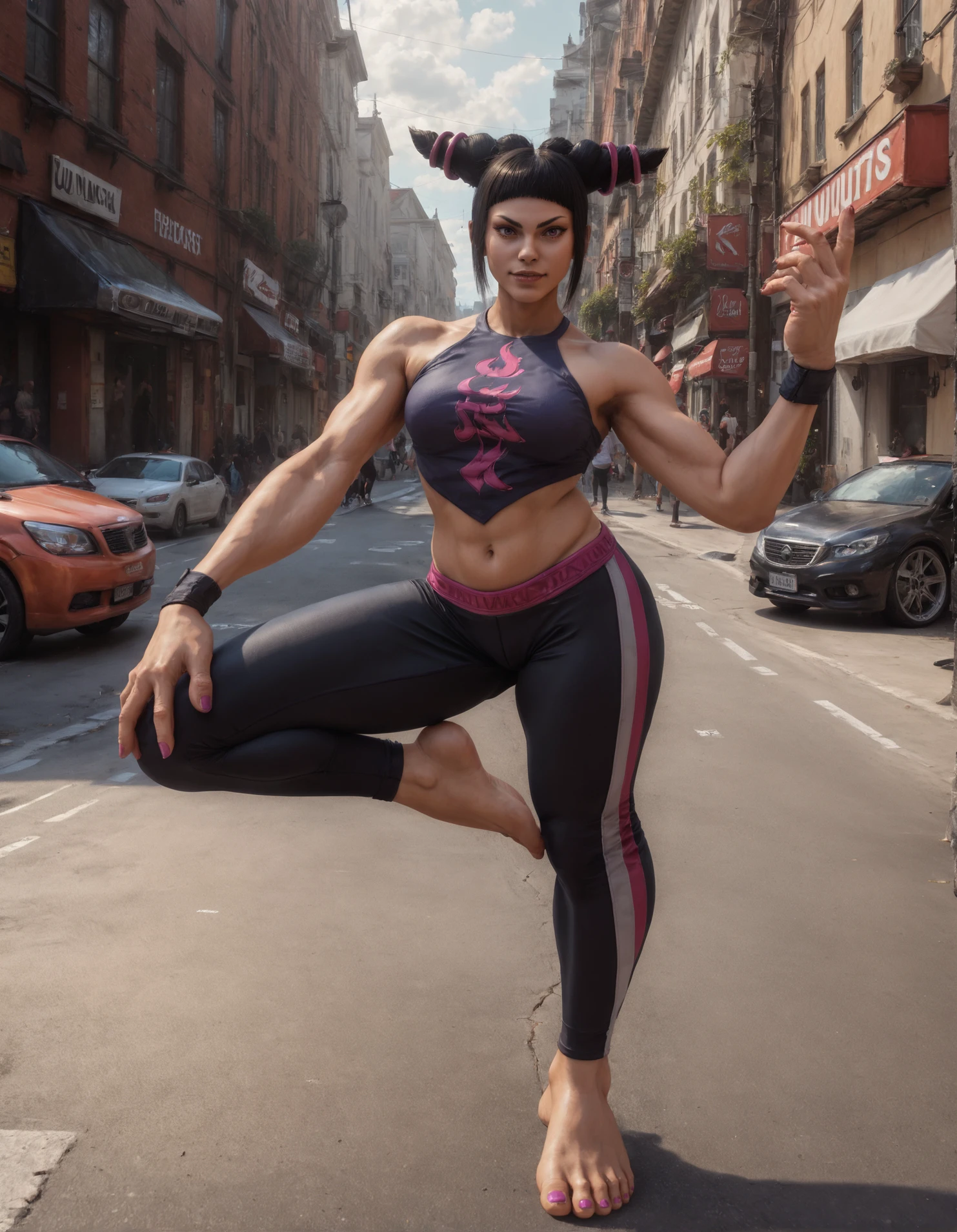 score_9, score_8_up, score_7_up,high res,full body,photo,realistic,highly detailed,jrh woman,1girl,front view,in street,sunny,volumetric lighting,standing on one leg,hair horns,yoga pants,topwear