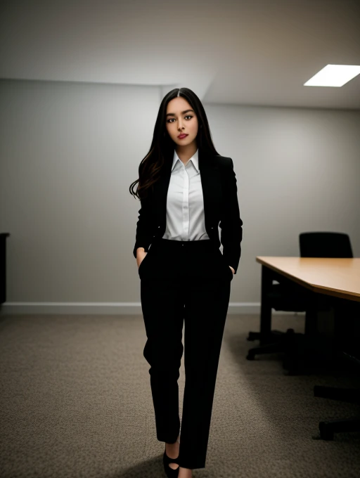 full body shot of business photo of Thefinalgirl,<lora:Thefinalgirl:1>,, pants, black attire, big breasts, collared shirt, tucked shirt. Professional attire, workplace setting, confident. Whole outfit, clear, sharp, balanced<lora:lcm-lora-sd15:1.0>