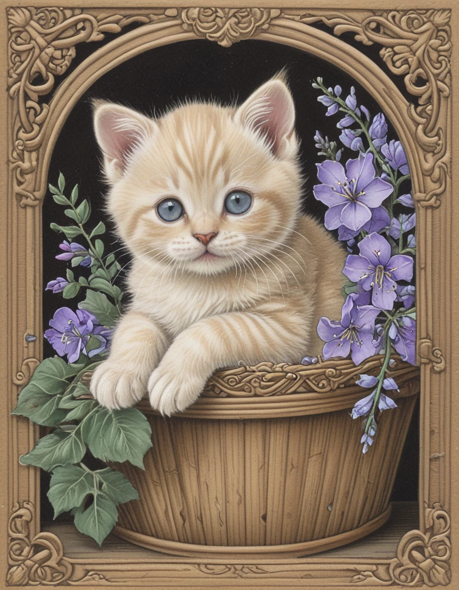 <lora:CBS_novuschroma21 style:1.4> novuschroma21 colored pencil drawing of adorable kitten in a basket with flowers with ornate frame