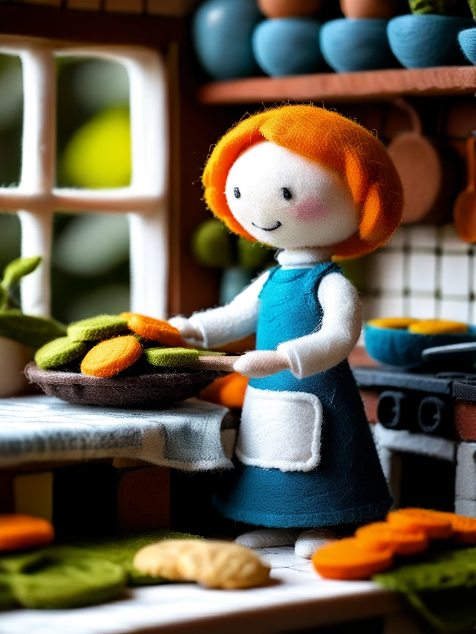 Felt world,felt style,Felt-World\(style\),Felt-World\(style\), {[1girl], [vibrant orange hair, blue and white dress, rolling pin, tray with cookies, standing in front of brown wood kitchen counter, crossed arms, gentle smile, green plants around the counter], [cozy indoor scene, warm lighting, inviting atmosphere]},<lora:Felt-WorldXL-V1:0.7>,