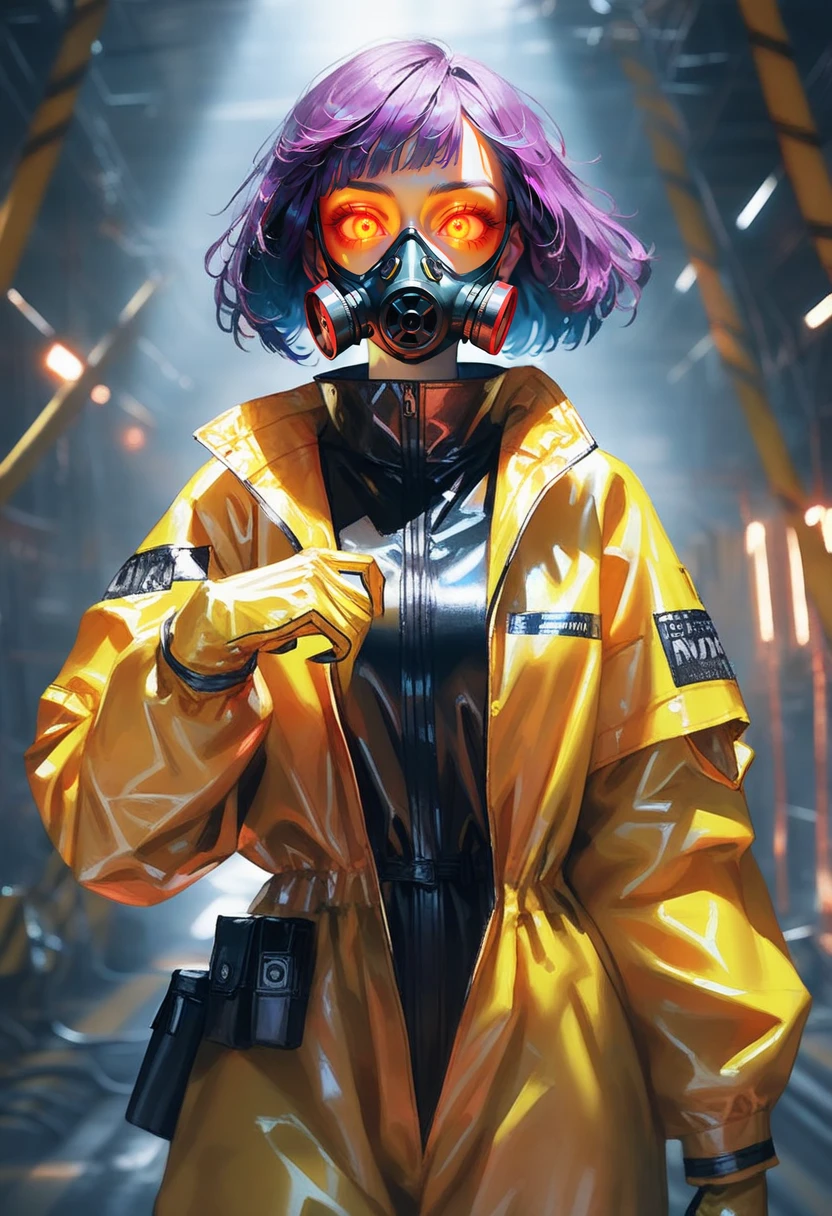 1girl, solo, hazmat suit, ppe, toxic waste, brain glow, gas mask , quasarcake, protective visor, purple hair, Colored eyelashes, latex gloves, glowing eyes, bob haircut
(high quality, detailed, beautiful), shiny, detailed beautiful eyes, sunlight, realistic, outstanding, countershading, detailed soft lighting, cinematic vintage photography,
, wide angle shot