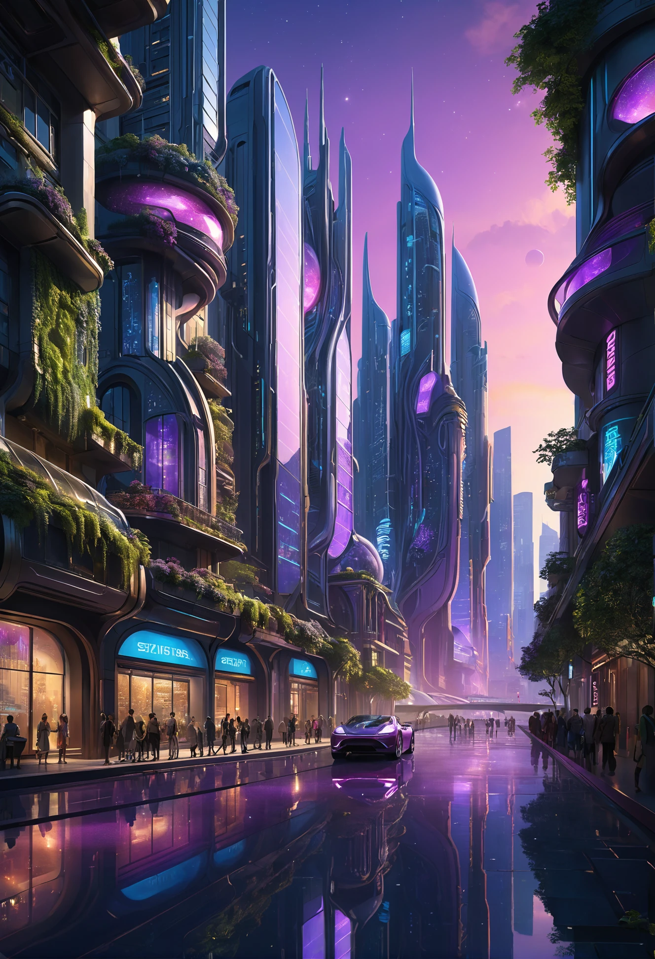 A futuristic cityscape at twilight, inspired by the elegance of Art Nouveau. Towering skyscrapers with sleek, reflective surfaces and flowing, organic lines dominate the skyline. The buildings are smooth and clearly defined, featuring intricate details and graceful curves. Neon lights and holographic advertisements glow softly, casting colorful reflections on the streets below. The city is a harmonious blend of nature and technology, with vertical gardens and trees integrated into the architecture. Humans, robots, and alien species move through the bustling streets, while futuristic vehicles glide silently above. The sky is a deep blue, transitioning to purple, with the first stars appearing. The scene is both vibrant and tranquil, capturing the beauty of advanced civilization. Captivates with sharp focus, intricate details, minimalist art, simple, clean, high resolution detail, studio photo quality, OverallDetailXL, Fixl-art, <lora:Art-full_v1:0.3>