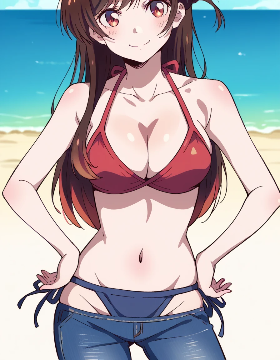 score_9, score_8_up, score_7_up, source_anime, chizuruichinose, <lora:chizuru-ichinose-s1-ponyxl-lora-nochekaiser:1>, chizuru ichinose,, <lora:bikini-jeans-ponyxl-lora-nochekaiser:1>, bikini jeans, lowleg pants, bikini, bikini top, cleavage, navel,, beach, smile, hands on hips, cowboy shot,