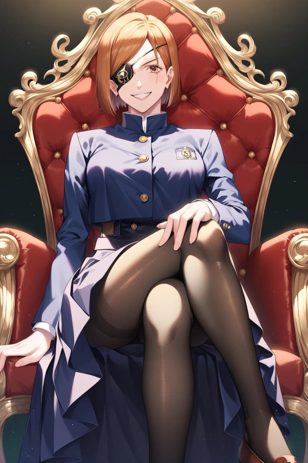 score_9, score_8, score_7_up, source_anime, very detailed, nobara kugisaki, 1girl, smile, grin, looking at viewer, eyepatch, school uniform, jacket, gakuran, skirt, pantyhose, sitting on throne, crossing legs, absurdres, dark room,