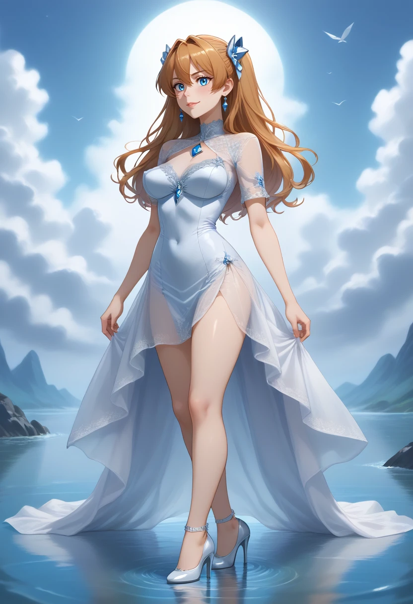 1girl, solo, full body, short sleeves, outdoors, clouds, high heels, covered navel, no panties, blue sky, see-through, profile, lace-trimmed dress, bird, ocean, white footwear, cloudy sky, reflection, diamond \(gem\), horizon, glass slipper, ripples, see-through silhouette, standing on water, Asuka Langley, diamond dress, diamond earrings, diamond hair ornament, diamond bracelet, large breasts, swooping breasts, smile, blush <lora:SDXL_Hyper:1> <lora:Timm_Style_XL:0.8> <lora:breasts++-PD-swooping-1.0:1>  <lora:WAYGDLT:1>