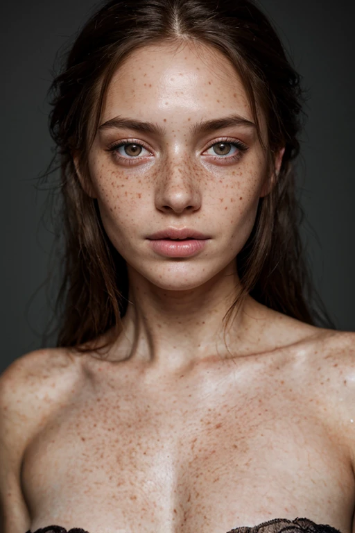 there is a woman with red hair and without shirt, freckled pale skin, decolletage, freckled, small freckles, inspired by Elsa Bleda, freckles, elegant freckles, soft freckles, freckles on chicks, light freckles, scales covering her chest, freckle, with freckles, scales on her chest, wearing bra, white freckles, small breasts