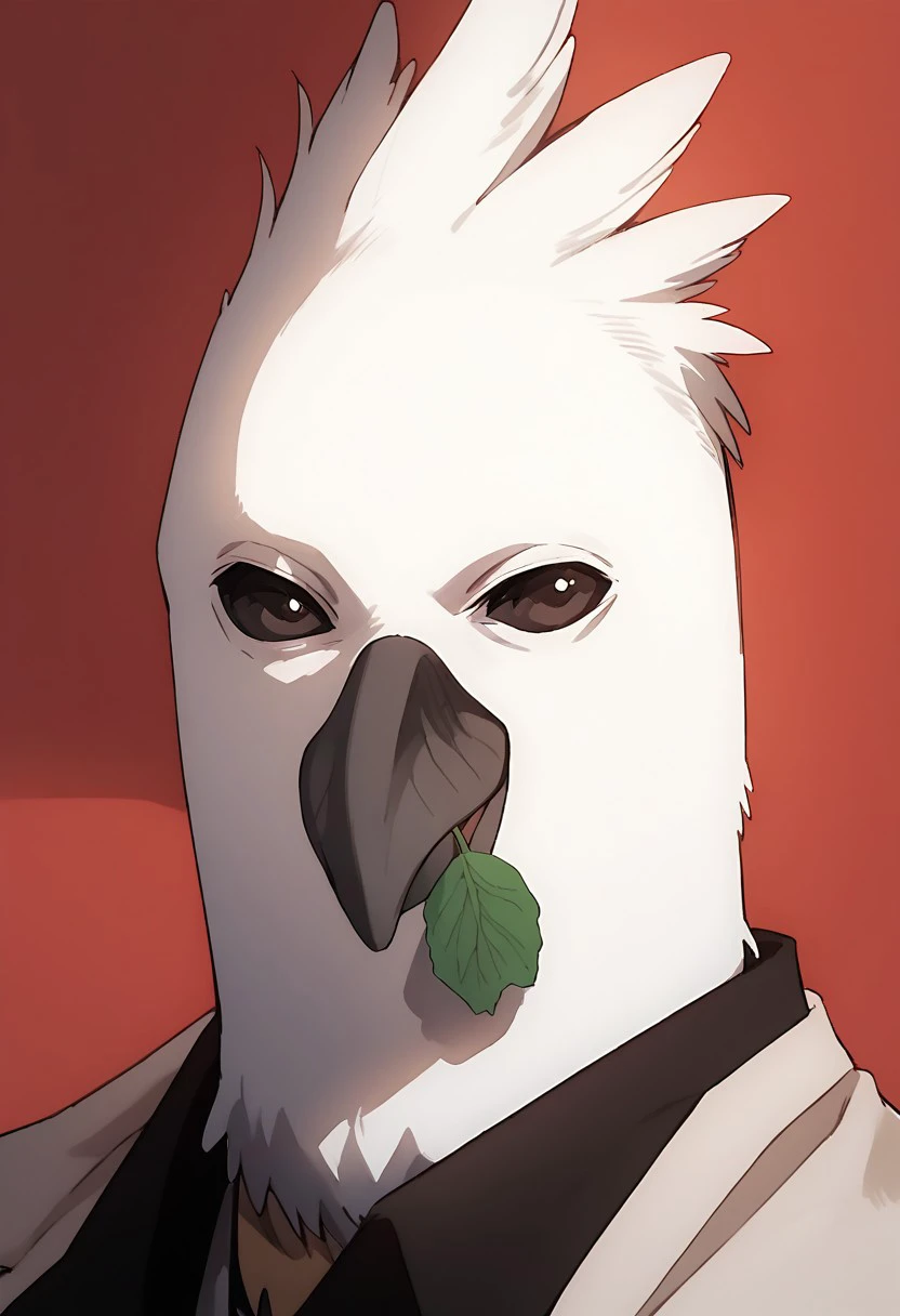 score_9, score_8_up, score_7_up, source_anime, rating_safe, Billykawa, 1boy, male focus, leaf on beak, close-up, finely detailed face, upper body, portrait, red background, the man ate the rose so he only has the stem and leaf