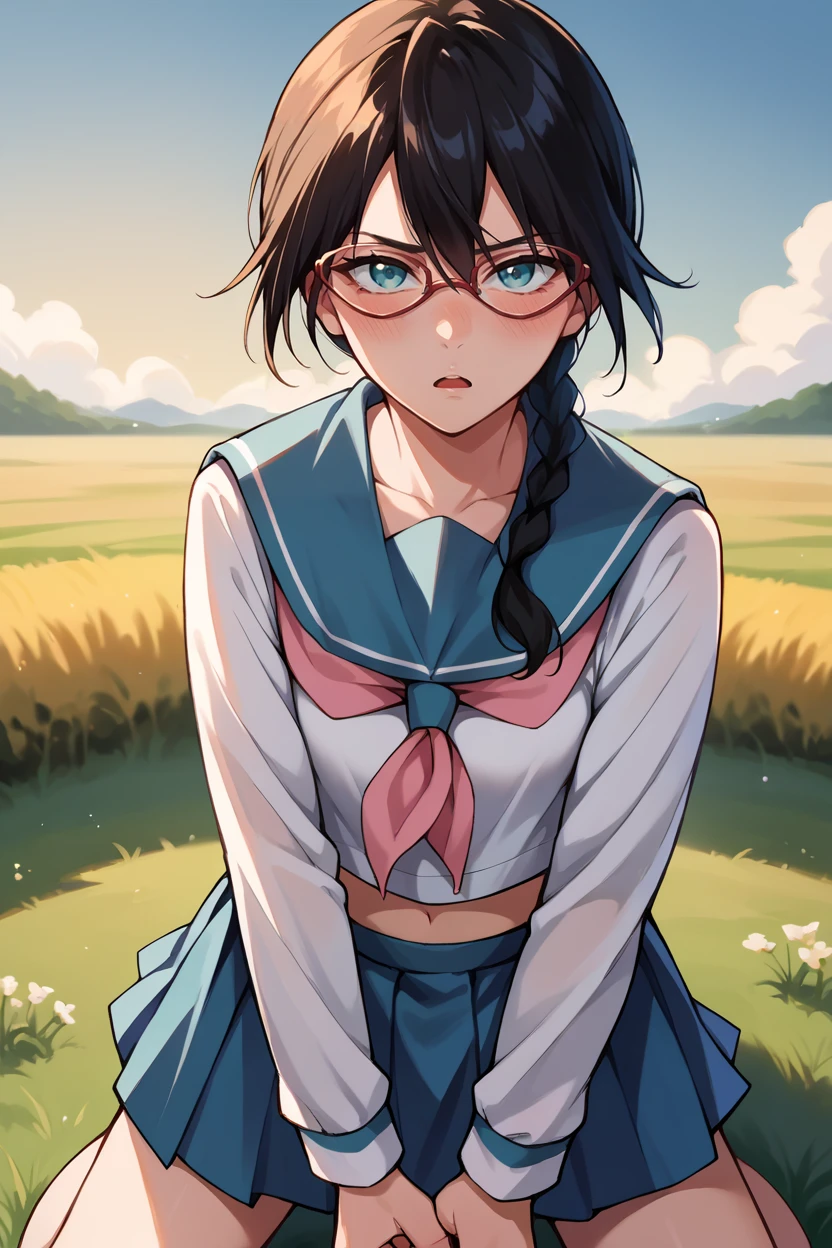 score_9, score_8_up, score_7_up, score_6_up, source_anime BREAK 1girl, solo <lora:yadoumarulisa-pdxl-nvwls-v1-000005:1> yadoumarulisa, black hair, aqua eyes, single braid, glasses, serafuku, white shirt, long sleeves, blue skirt, pleated skirt, midriff, kneeling, looking at you, holding own arm, chestnut mouth, blush, field, blue sky