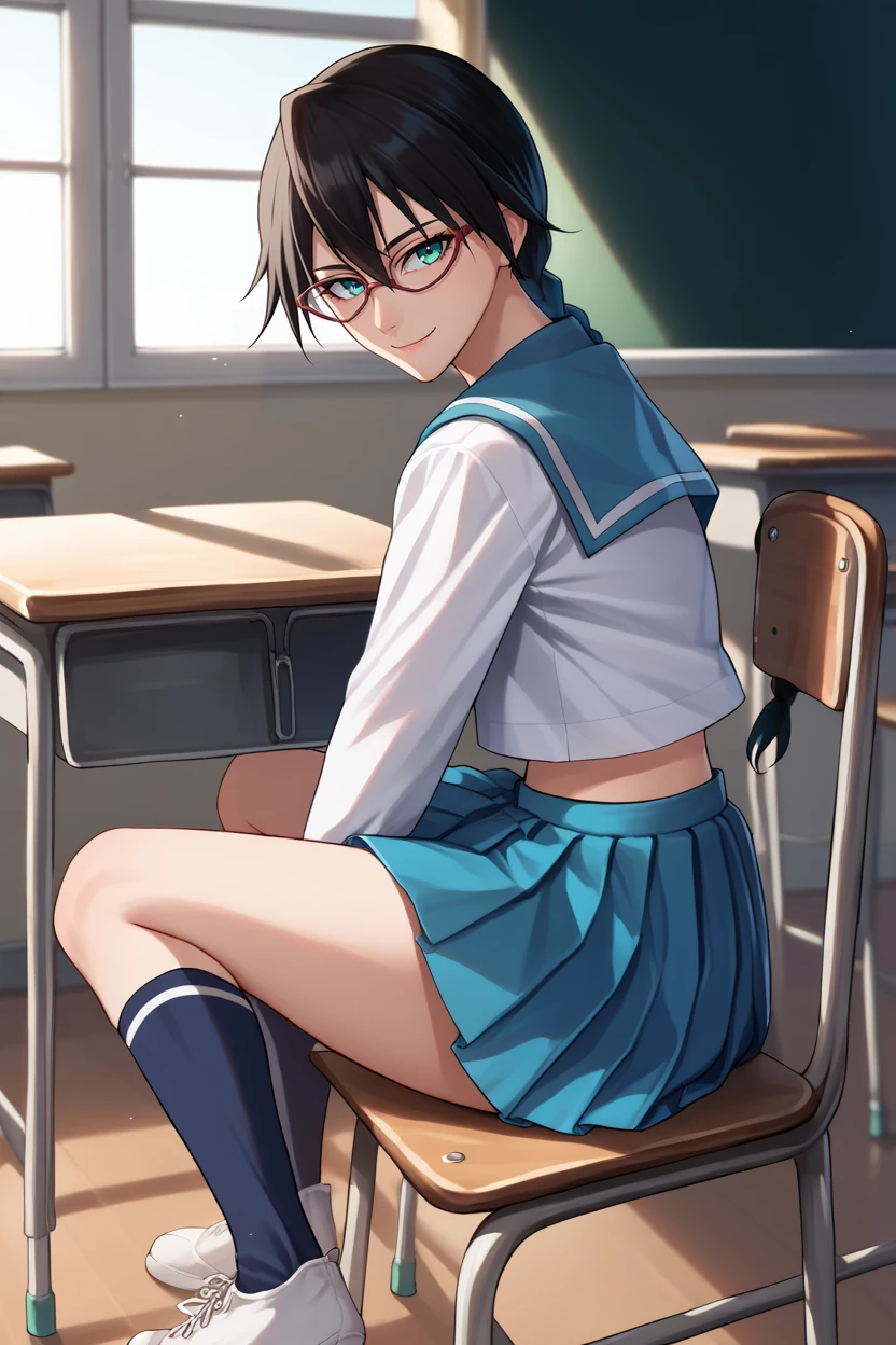 score_9, score_8_up, score_7_up, score_6_up, source_anime BREAK 1girl, solo <lora:yadoumarulisa-pdxl-nvwls-v1-000005:1> yadoumarulisa, black hair, aqua eyes, single braid, glasses, serafuku, white shirt, long sleeves, blue skirt, pleated skirt, midriff, socks, sneakers, sitting, looking at you, smile, desk, chair, classroom, from side