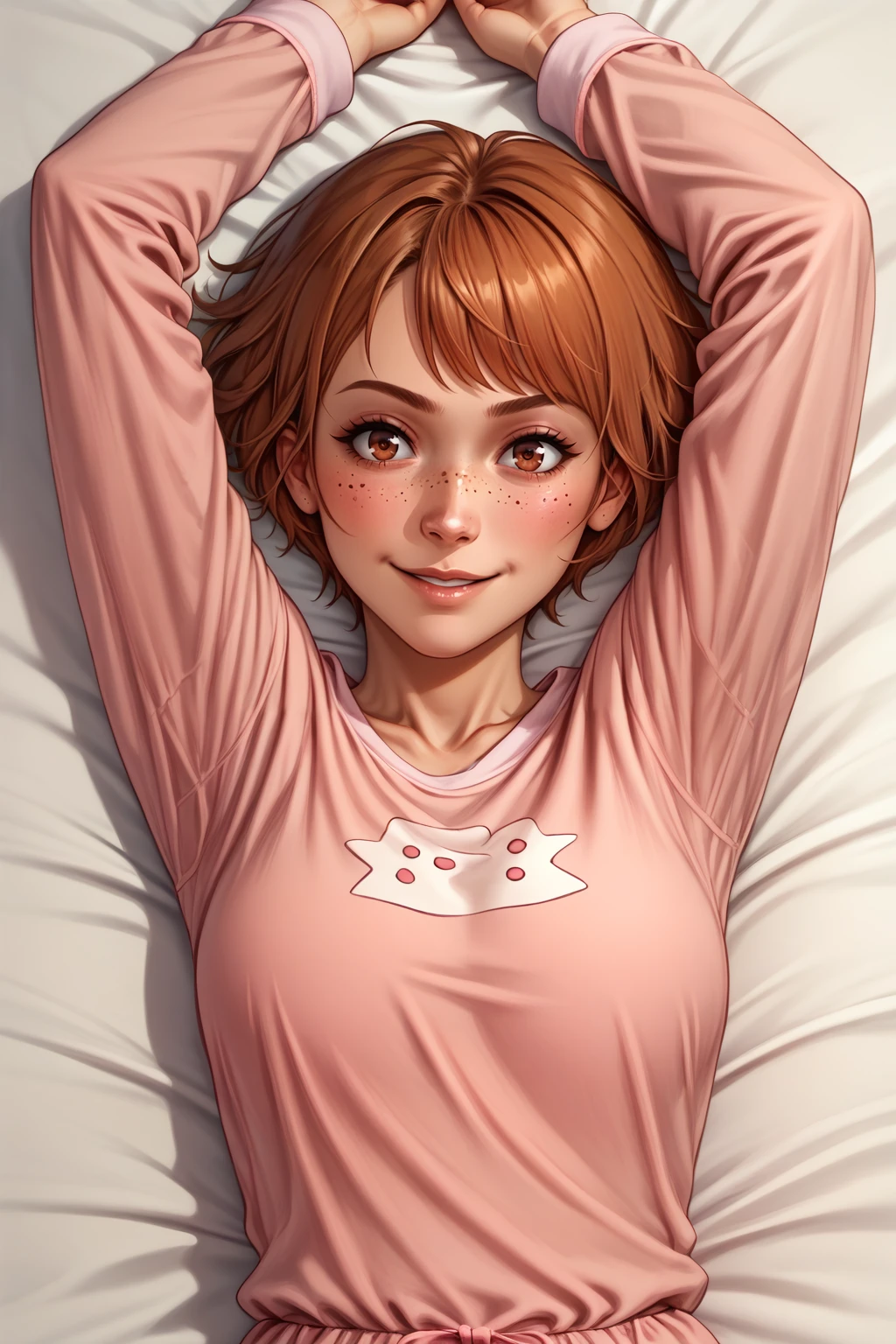 score_9, score_8_up, 1girl, solo, <lora:NSDorothyFE6:1> NSDorothyFE6, freckles, brown hair, short hair, brown eyes, hands above head, smile, eyes open wide, pink pajamas, lying, bed