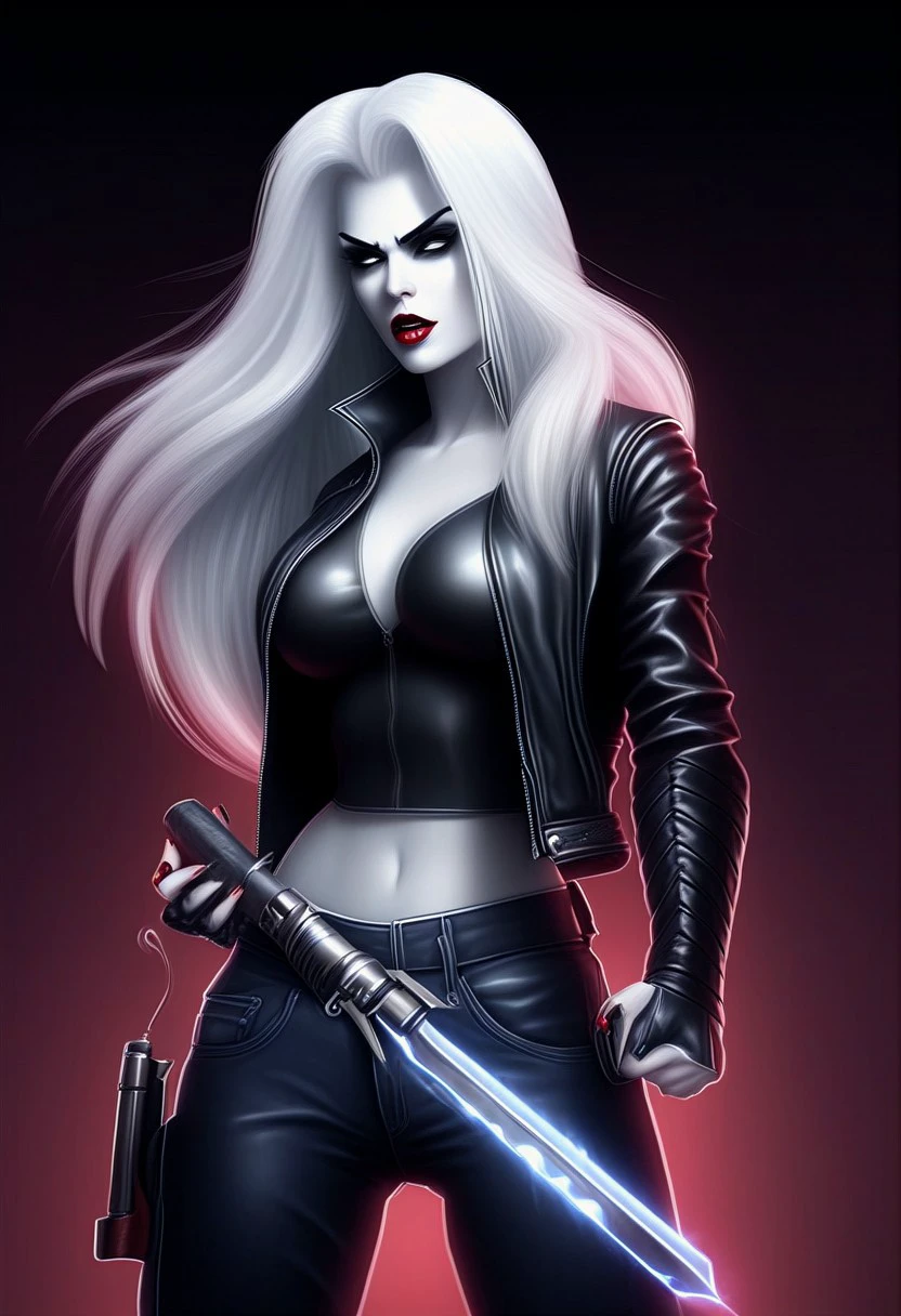 Lady_Death, 1girl, solo, long hair, denim pants, black shirt, leather jacket, white hair, makeup, colored skin, lipstick, pale skin, holding, holding weapon, no pupils, white skin, white eyes, official art, extreme light and shadow, cinematic lighting, cinematic angle, best quality, masterpiece