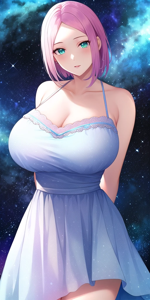 <lora:HarunoSakuraV4:0.7> huge_breasts, harusakumature, standing, solo, arms_behind_back, starry_sky,  sundress, masterpiece, best_quality, detailed_face, detailed_eyes, highres, beautiful, detailed, absurdres,