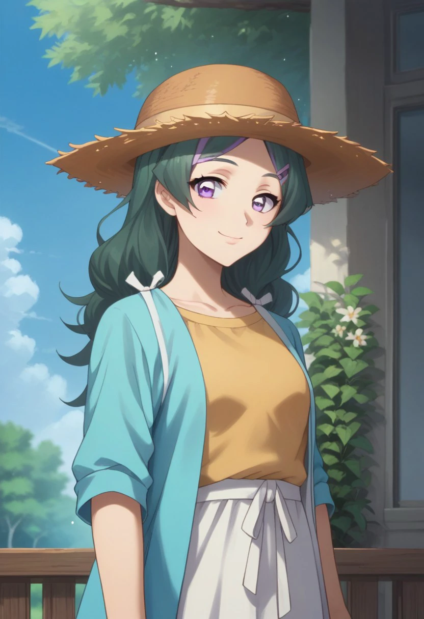 score_9, score_8_up, score_7_up, source_anime, highly detailed, 
toki, 1girl, solo, purple eyes, smile, green hair, long hair, hair ornament,
hairclip, skirt,  long skirt, upper body, hat, straw hat,
outdoor, sky, blye sky, day, tree,