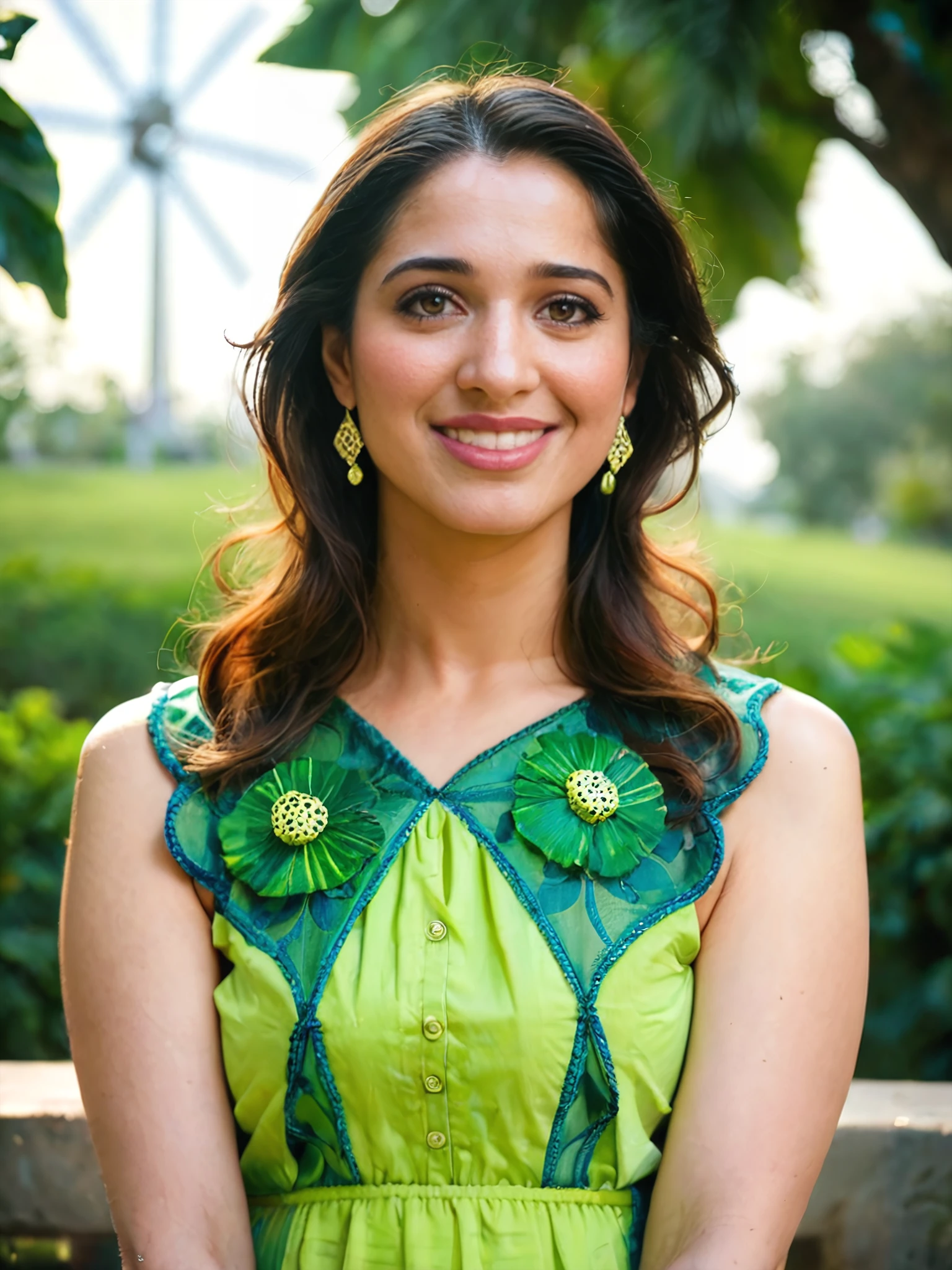 score_9, score_8_up, score_8,30yo woman,portrait photo,tamannah bhatia,solo,  realistic,smiling, Lime Green ethnic dress, censored, windmill background bokeh  <lora:Tamannah_Bhatia_PonyXL_LoRA_prodigy_local_WD14:0.7>