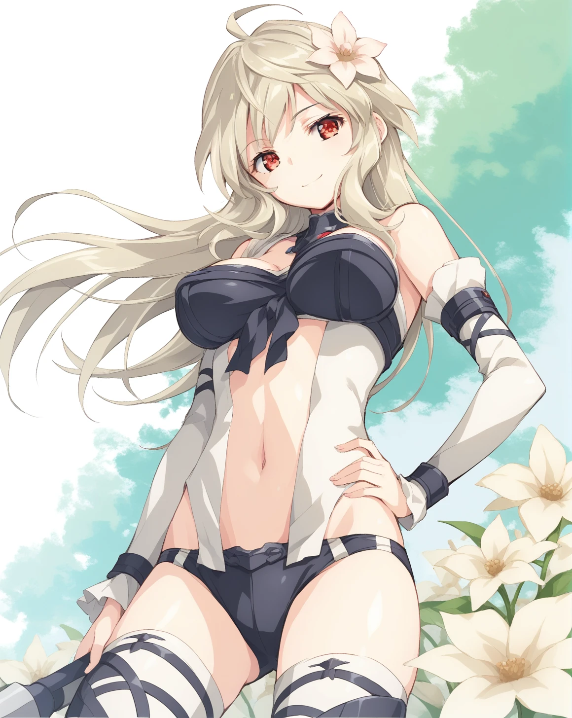 standing,cowboy shot,pov,hand on own hip,
flower field,
light smile,
BREAK 1girl,
<lora:Mueller_Mashiro_V2-000007:0.9>,MuellerMashiro,platinum blonde hair,red eyes,long hair,medium breasts,large breasts,underwear,navel,detached sleeves,thighhighs,, score_9,score_8_up,score_7_up,source_anime,best quality,masterpiece,uncensored,detailed background,<lora:add-detail-xl:0.8>