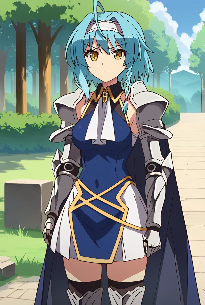 score_9, score_8_up, score_7_up, source_anime,
<lora:ShinmaiMaou_NonakaYukiXL:0.9>, NonakaYuki,
1girl, solo, closed mouth,
aqua hair, yellow eyes, medium hair, hairband, side braid, ahoge,
YukiArmor, shoulder armor, blue dress, ascot, white skirt, gauntlets, thigh boots, cape,
standing, looking at the viewer, thigh gap, cowboy shot,
outdoors, forest, scenery