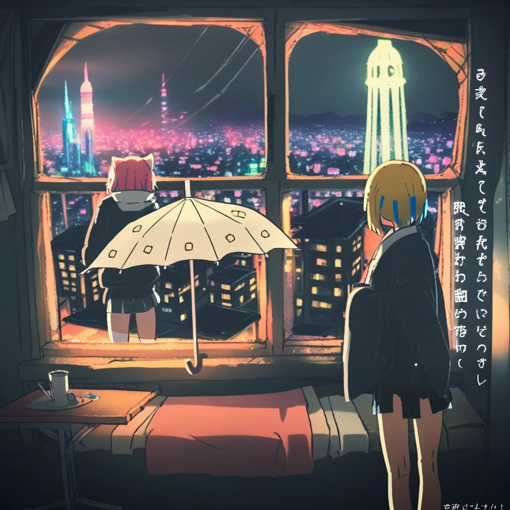 window, clothes around waist, pointing up, kitauji high school uniform, blurry foreground, holding umbrella, city lights, pointy ears, hugging own legs, multicolored hair, towel, table