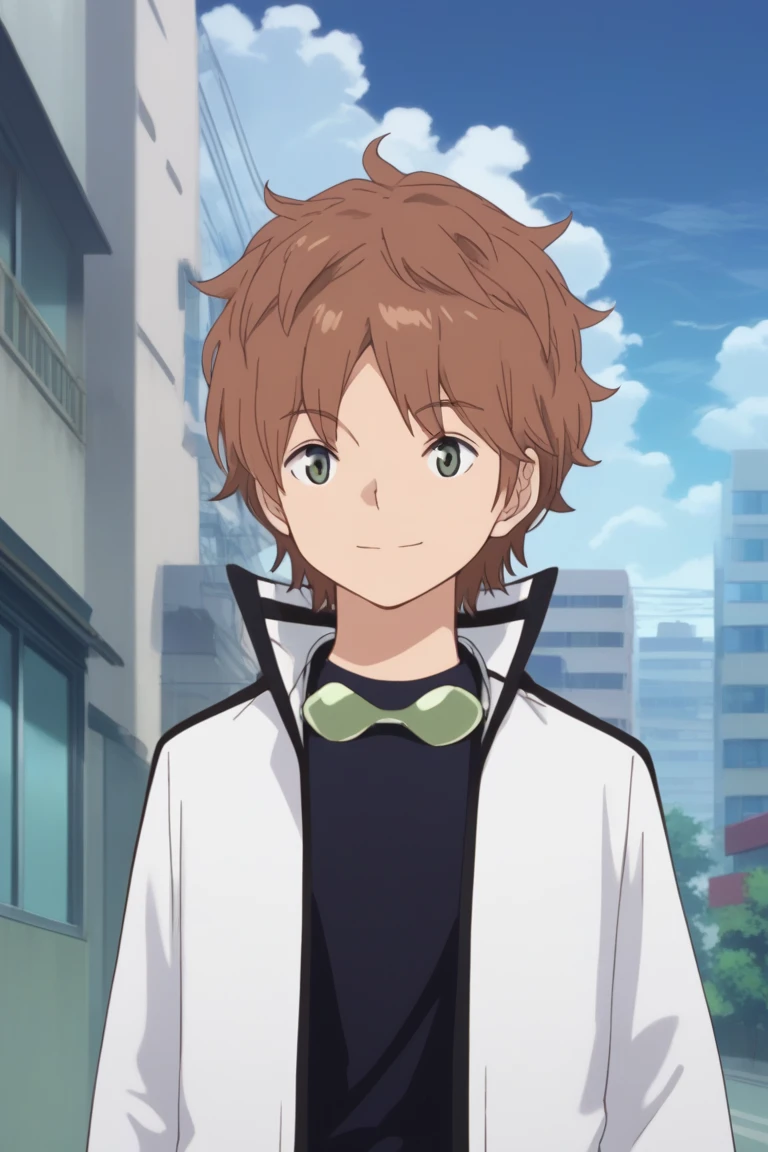 score_9, score_8_up, score_7_up, score_6_up, zPDXL2, detailed, intricate details,cowboy shot,best quality ,source_anime, male focus,
shun midorikawa, brown hair, green eyes, white jacket, black shirt, goggles around neck, 1boy, male focus, solo, sky, smile, day, cloud, bow, building, bowtie, blue sky, jacket, anime coloring, outdoors<lora:EMS-413640-EMS:1.000000>