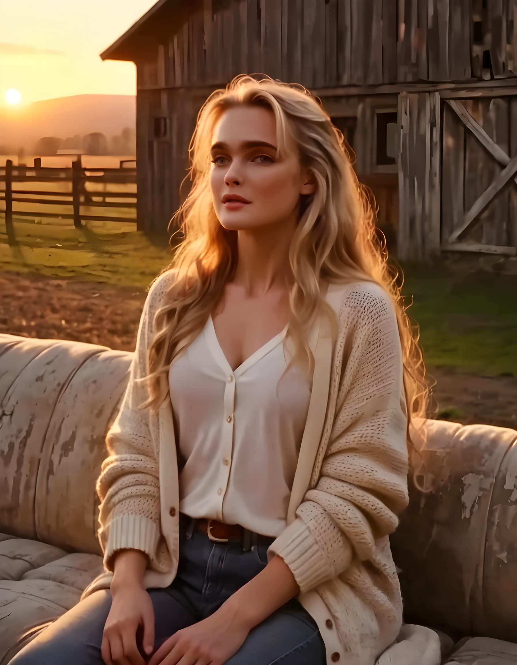 3R1C43L3N14K, In a heart-wrenching scene set against the backdrop of a rustic, sunset-lit barn, a beautiful young woman with long, golden blonde hair cascading down her shoulders, clad in a cozy, worn-in cardigan over a simple white blouse, stands on an old, weathered couch. She tenderly embraces a vintage convertible car, its gleaming chrome body reflecting the warm, amber hues of the setting sun, her eyes filled with sorrow and longing as she reminisces about the memories they shared together. The camera angle is low, capturing the intimate moment from the woman's perspective, with the worn-out barnwood and the fading sunlight casting a melancholic ambiance over the poignant tableau.