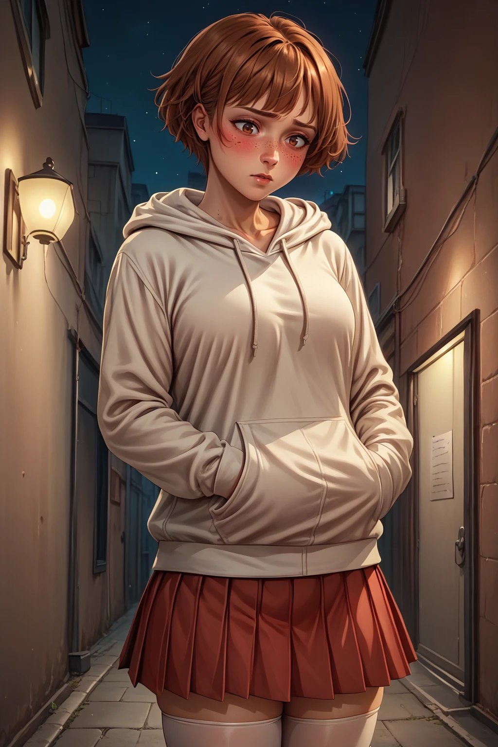 score_9, score_8_up, 1girl, solo, <lora:NSDorothyFE6:1> NSDorothyFE6, freckles, brown hair, short hair, brown eyes, red skirt, pleated skirt, white hoodie, blush, looking down, shy, alleyway, dark, night, white thigh-highs