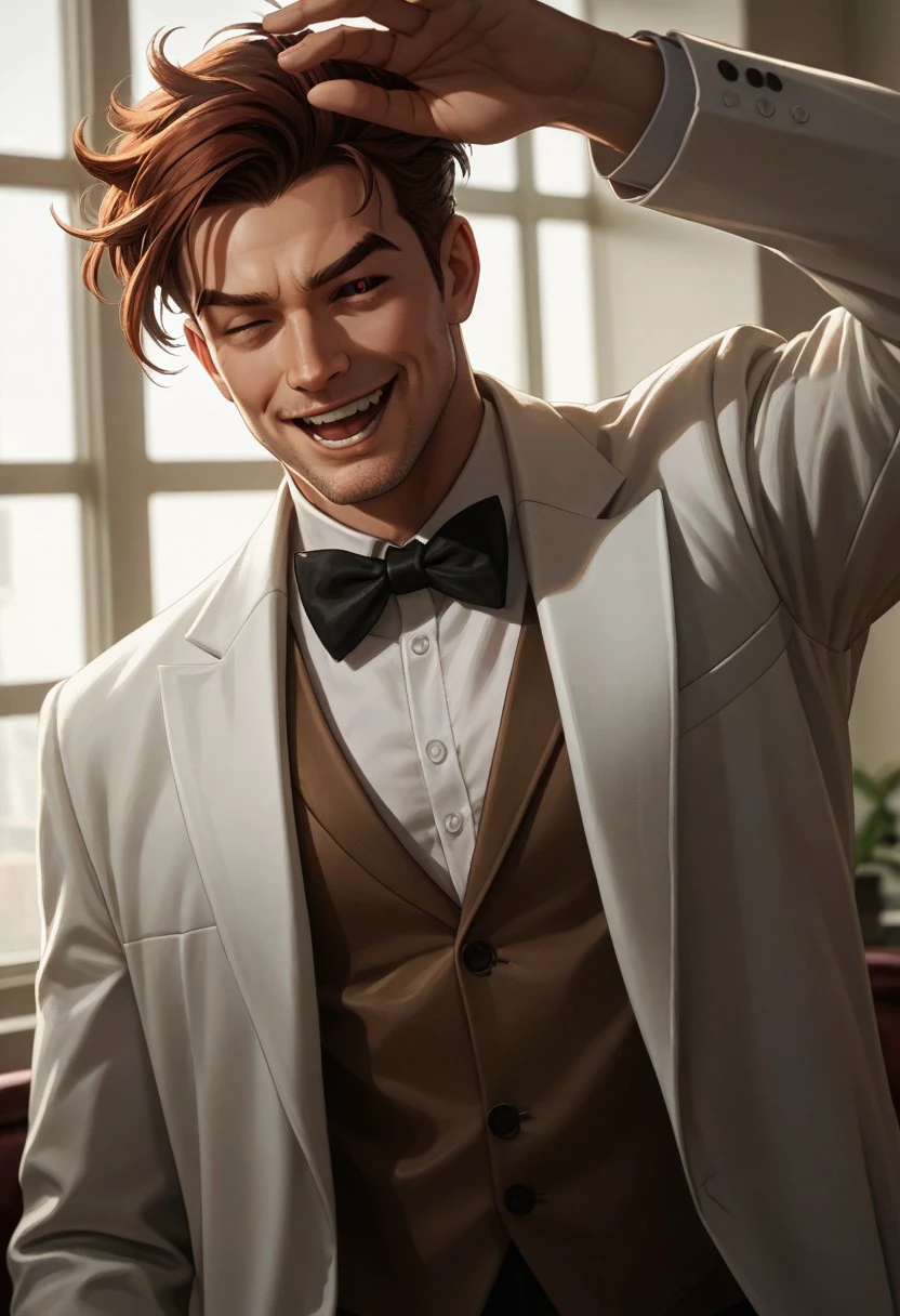 Dsk_Remy_Lebeau, 1boy, arm up, auburn hair, black bow, black bowtie, black sclera, bow, bowtie, closed eyes, colored sclera, facial hair, formal, jacket, male focus, open mouth, red eyes, shirt, smile, solo, suit, thick eyebrows, upper body, white jacket, white shirt, white suit, studio photography, detailed eyes, detailed skin, textured skin, specular highlights, sidelighting, extreme light and shadow, cinematic lighting, cinematic angle, score_9, score_8_up, score_7_up, score_6_up, score_5_up, score_4_up,