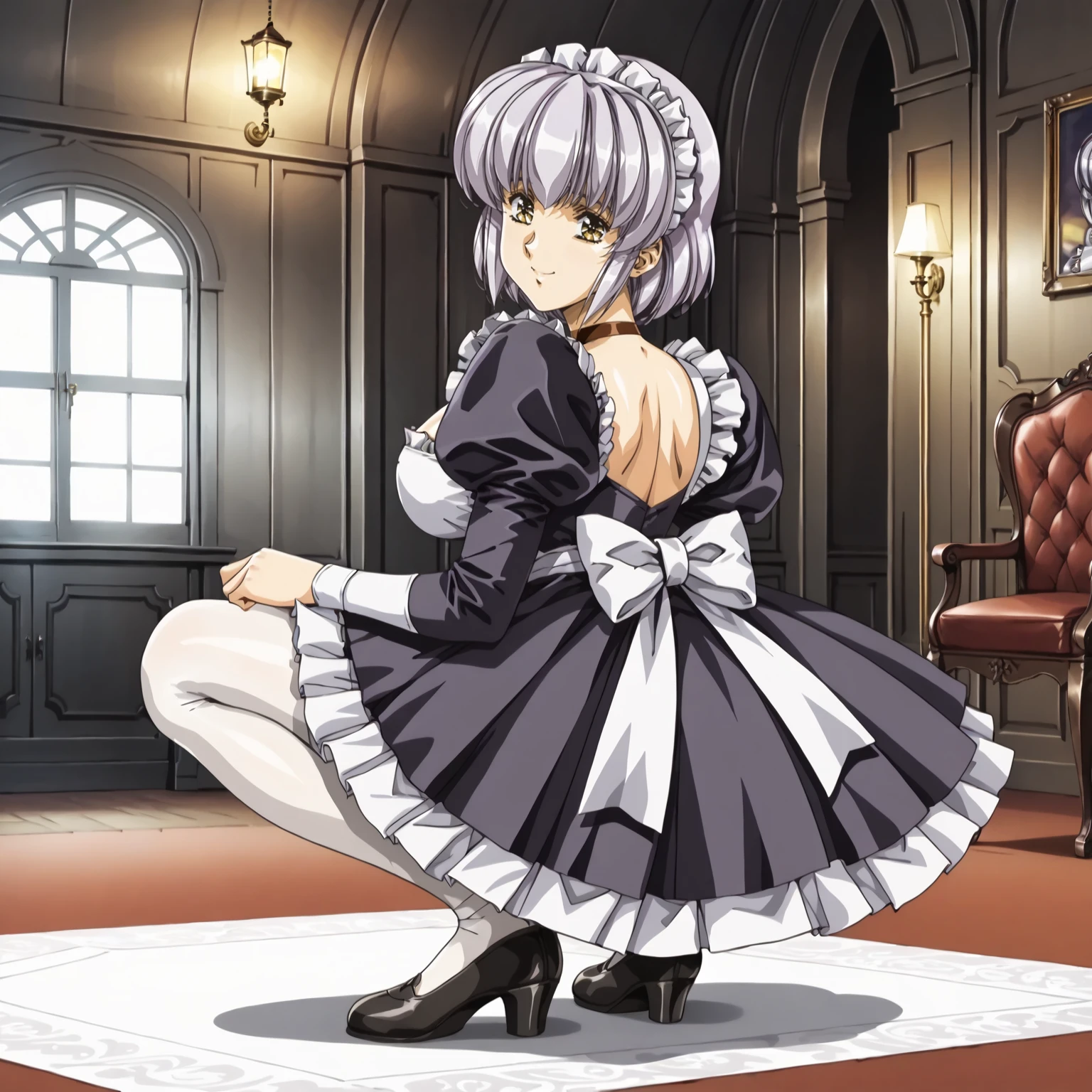 <lora:FI_SophiaXLpony002>,
smile,looking at viewer,
solo,
Sophia,1girl,light purple hair,short hair,sidelocks,yellow eyes,
large breasts,
maid headdress,
choker,
maid,
white_pantyhose,
indoors,
full body,squatting,looking back,