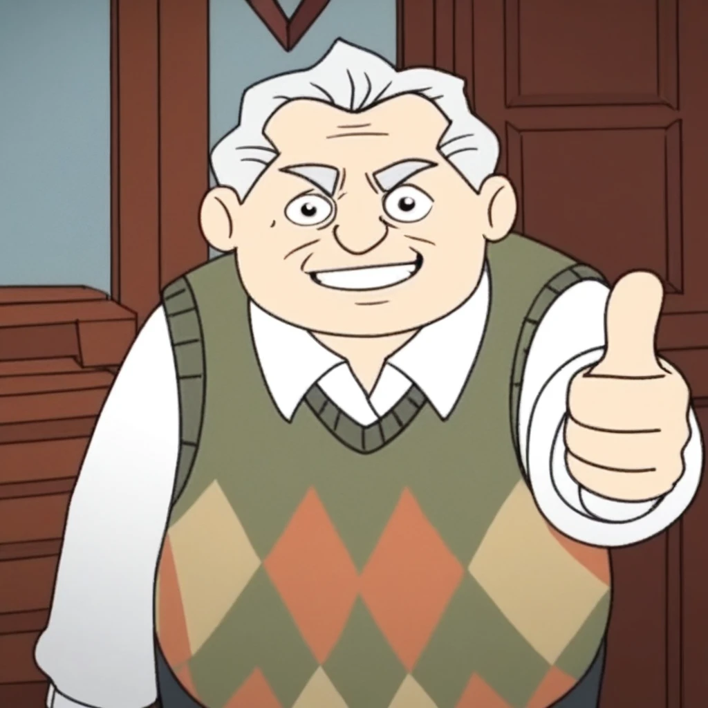 (score_9, score_8), solo, 1boy, old norm, old man, argyle, sweater vest, thumbs up, smile, looking at viewer,