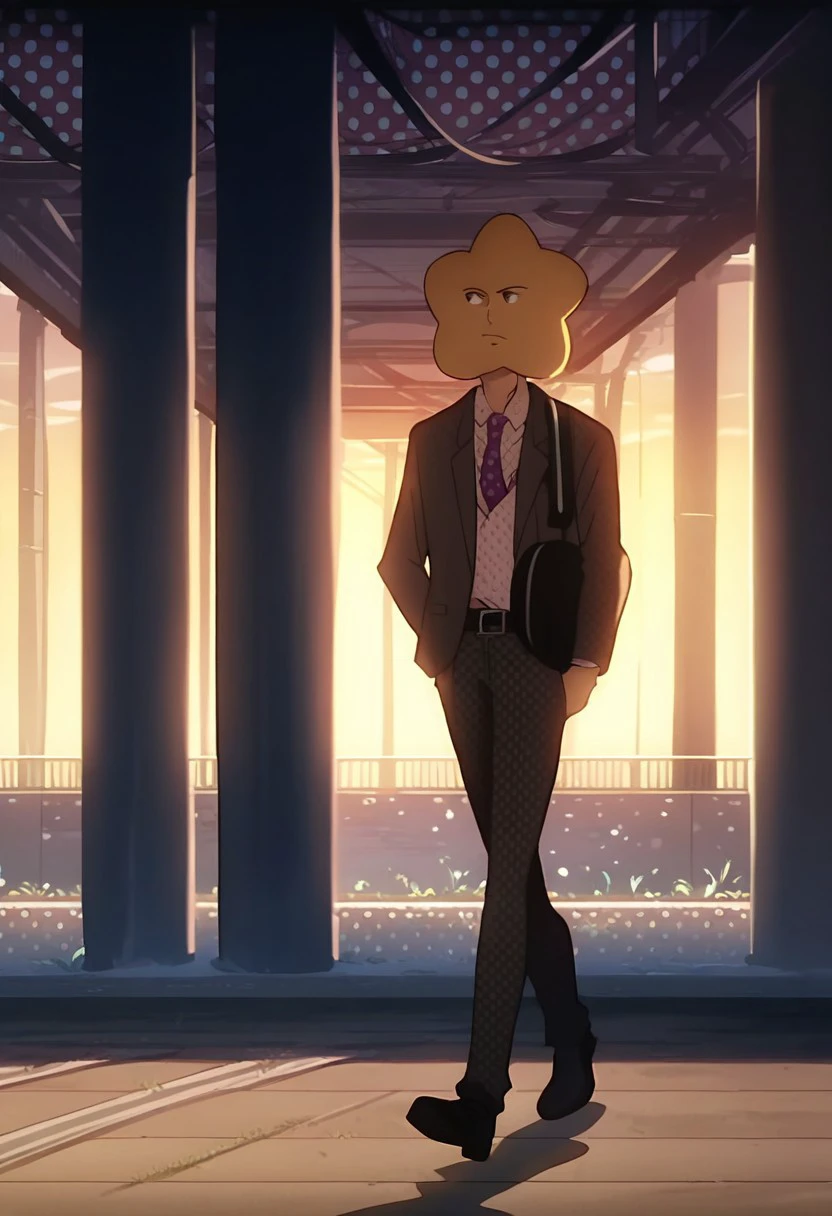 score_9, score_8_up, score_7_up, source_anime, rating_safe, Hoshikawa, 1boy, male focus, anime screencap, polka dots on suit, formal wear, belt, necktie, walking, blurry outdoor neighborhood, evening lighting, mmm--just walkin