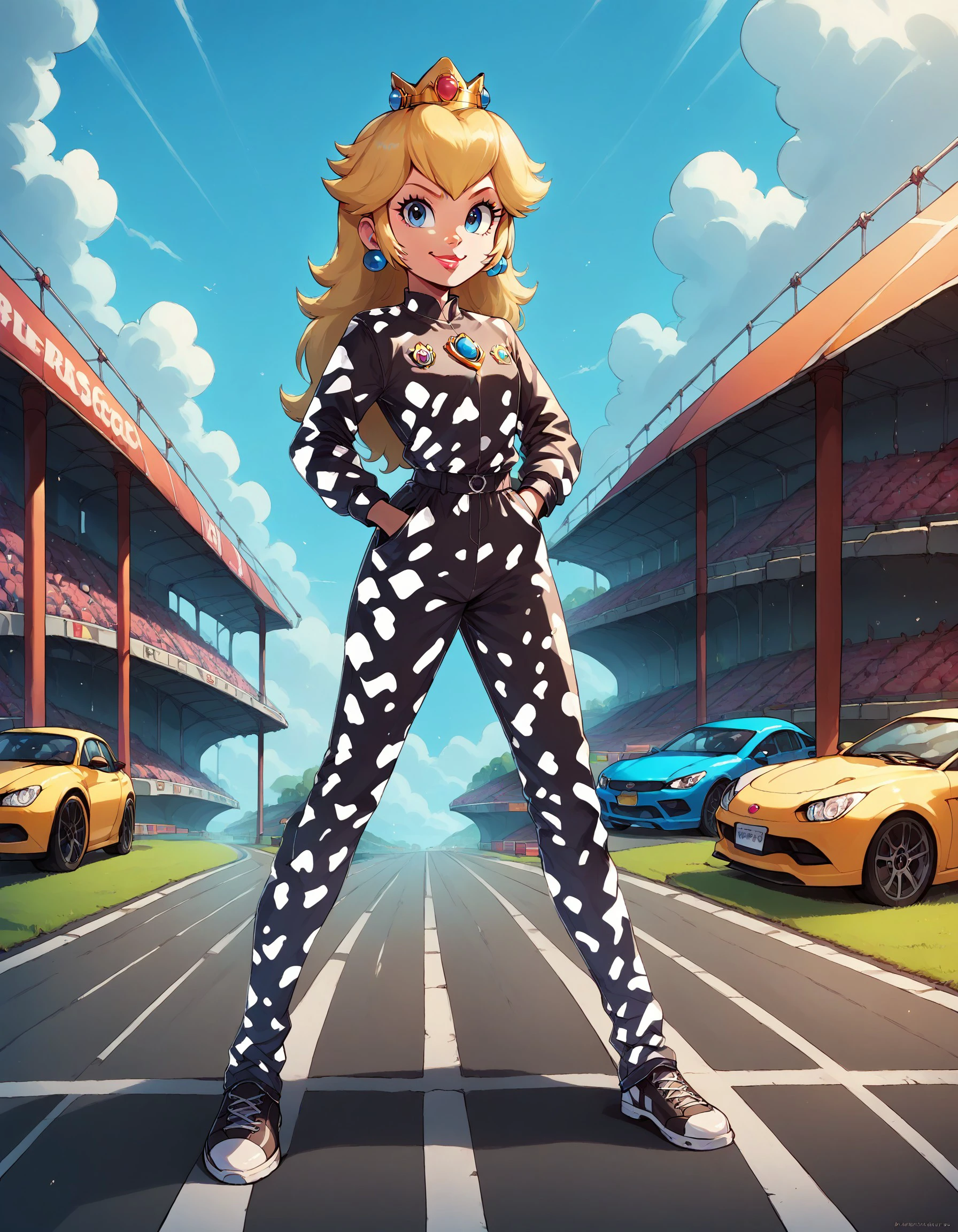 score_9, score_8_up, score_7_up, score_6_up, rating_safe, source_anime, princess peach, black invcop pattern jumpsuit, hands in pockets, dynamic pose, smirk, racetrack background, race, car, rainbow sky