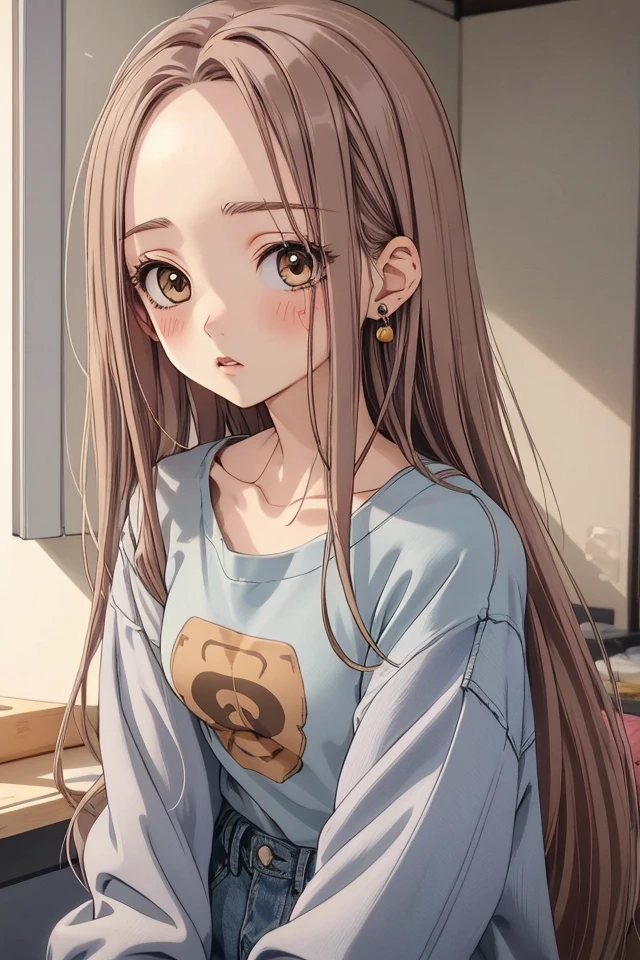 (Miu_Shinoda), 1girl, solo, long hair, straight hair, blush, light brown hair, 1990s, brown eyes, collarbone, earrings, expressionless, eyelashes, small breasts, white t-shirt, blue jeans, grey sweater coat,