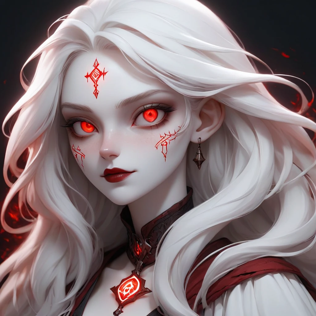 portrait of a woman, a warlock, her pale white skin has glowing red runes, her eyes are black and red, her hair is wild and frizzy, beautiful but painful