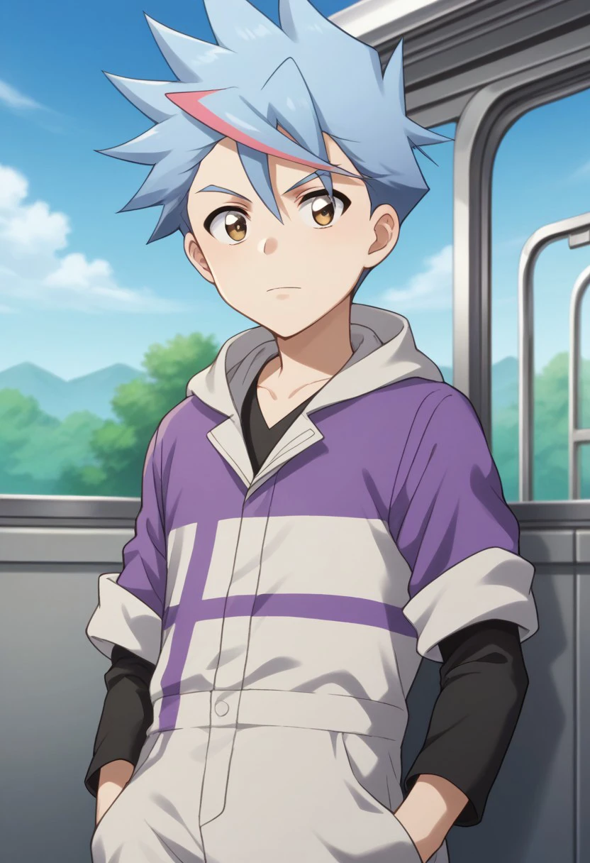 score_9, score_8_up, score_7_up, source_anime, highly detailed, 
abuto, 1boy, male focus, blue hair, solo, hands in pockets, multicolored hair, upper body, streaked hair, brown eyes, pink hair, spiked hair, jumpsuit, hood,
hooded jumpsuit, white jumpsuit, violet jumpsuit, rolled up sleeves, black shirt, long sleeves, 
outdoor, train, shinkansen, sky blye sky,