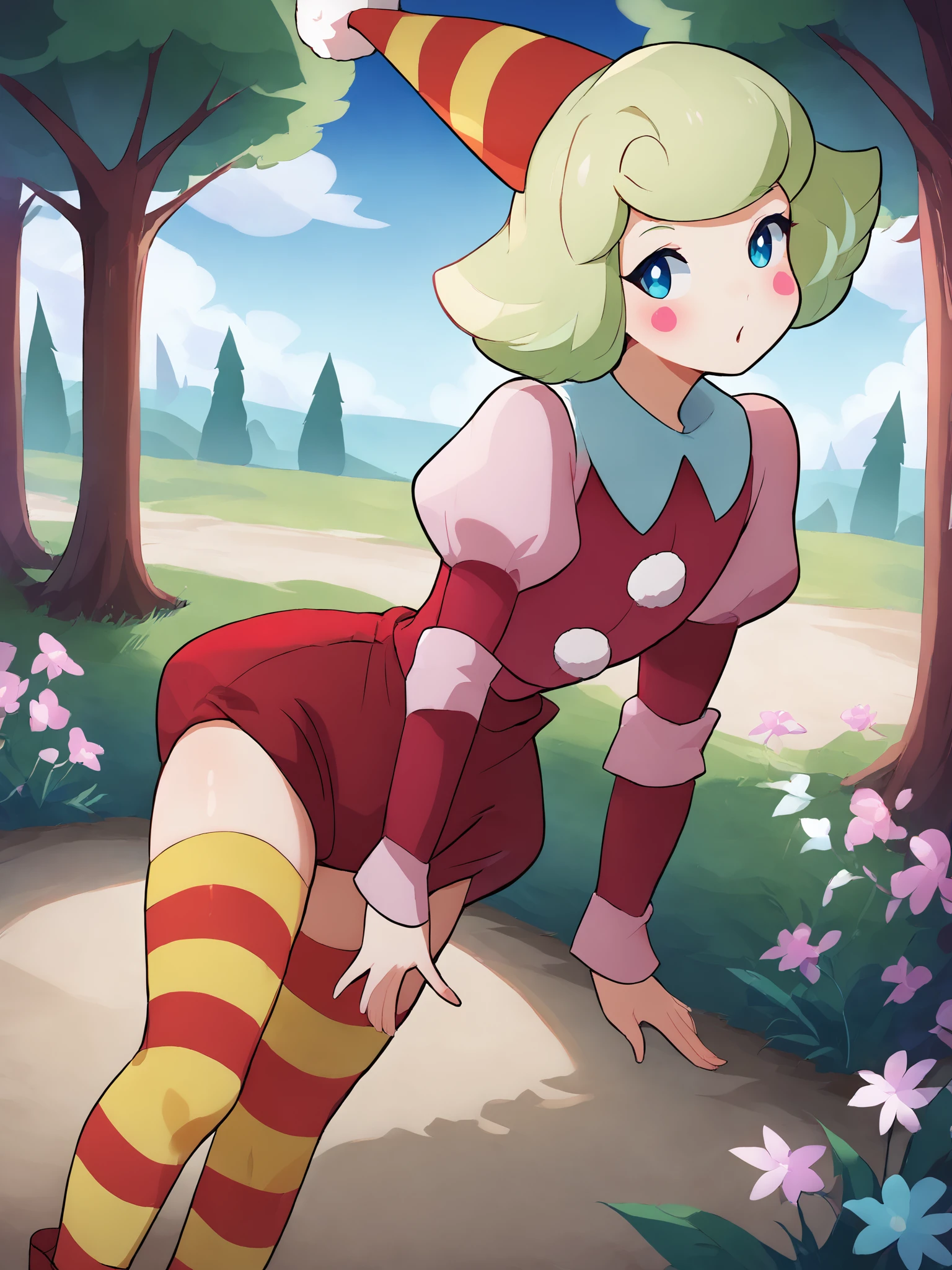 score_9, score_8_up, ,sharp focus,, absurdres, highres, illustration, outdoors,,trees,  bonbonxl, 1girl, solo, blush stickers, short hair, flat chest, light green hair, blue eyes, thighhighs, long sleeves,,, pom_pom_(clothes),party hat, ,pink shirt, , striped, puffy sleeves, ,  ,, juliet sleeves, , striped thighhighs,,puffy ,puffy pants , red pants, red thighhighs, yellow thighhighs, <lora:bonbonxl:1>