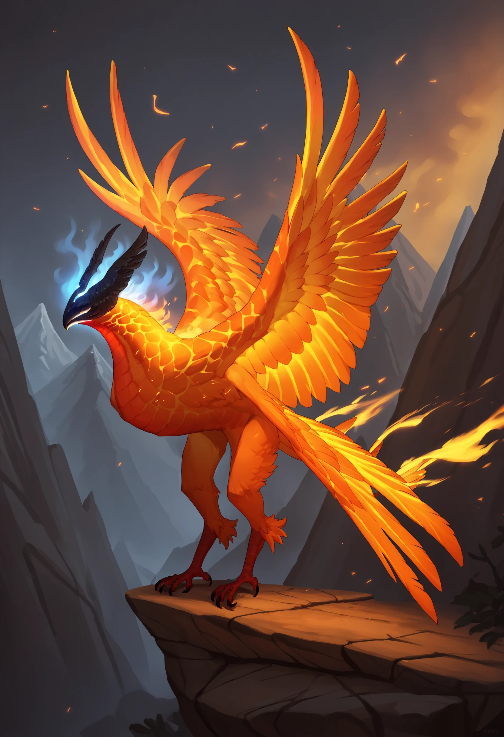 score_9, score_8_up, score_7_up, score_6_up, score_5_up, score_4_up, 1girl, <lora:PhoenixDota2:0.85> no humans, wings, bird, fire, glowing, feral, standing, from side, talons, 
mountains background,