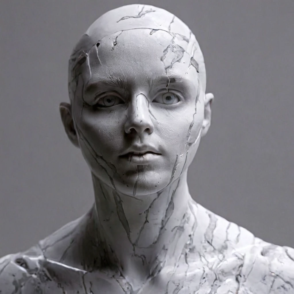 UHD, 4k, ultra detailed, cinematic, a photograph of  <lora:perfection style:0.3>
 <lora:sculpture v2:0.9>
Marble sculpture statue of a  <lora:Westworld style:0.8>
Closeup In the 2050s dystopian science fiction world Android Drone host humanoid creatures a white sculpture face with a white liquid background,solo,looking at viewer,simple background,1boy,closed mouth,monochrome,greyscale,male focus,grey background,scar,realistic,bald , sci-fi, futuristic, movie themed, sharp, detailed, epic cinematic photography, artistic, dramatic light, cinematic color style, Kodak film style, Westworld style, epic, beautiful lighting, inpsiring