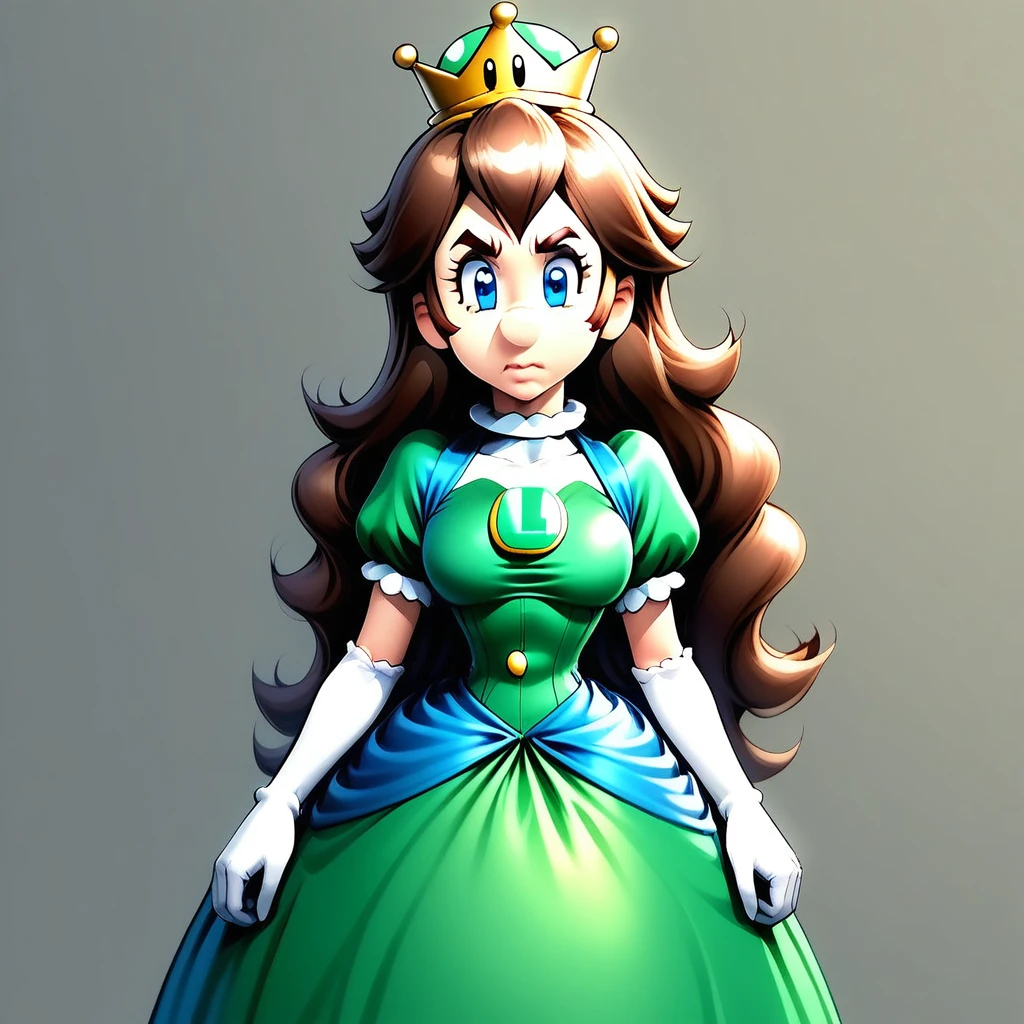 1woman, Luigette, no mustache, no facial hair, adult woman, long nose, extremely long face, extremely long and narrow head shape, very weak chin, extremely weak jawline, brown hair, lightly wavy hair, blue eyes, extremely tall eyes, average bust, average hips, average waist, blue idol dress, green under bust corset, white elbow-length silk gloves, super crown, crown, no hat, no luigi hat, no aura,