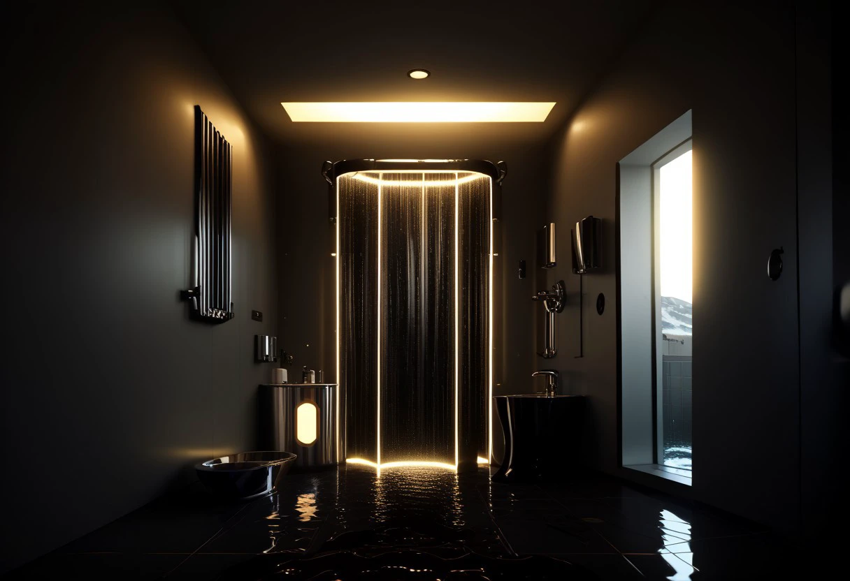 EnD_CyberFutureLandscape Style, indoors, shower, bathroom scene, futuristic, cyberpunk, specular highlights, side lighting, extreme light and shadow, cinematic lighting, natural lighting, score_9, score_8_up, score_7_up, score_6_up, score_5_up, score_4_up,