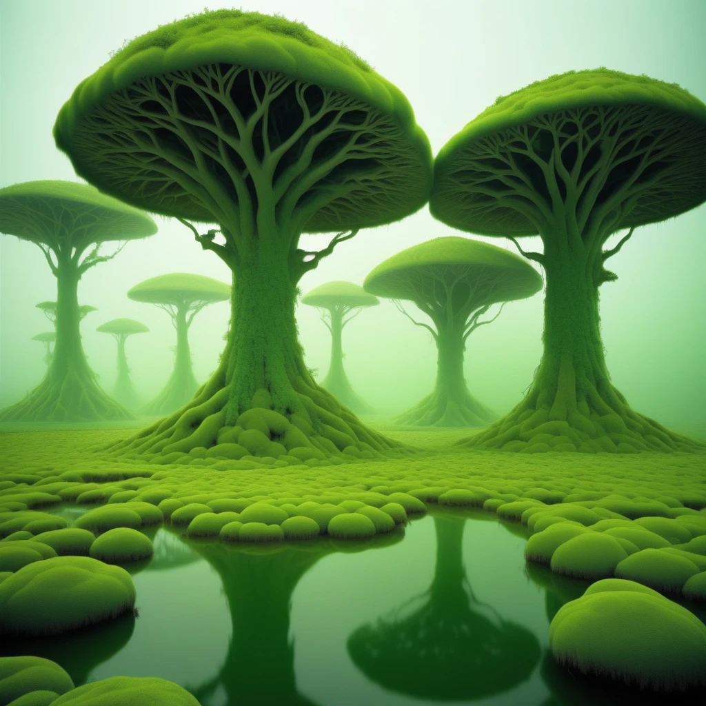 Emerald Marshes: Wetlands filled with green water and towering, moss-covered trees. Strange, glowing fungi grow on the trunks, and the air is thick with the hum of alien insects. The ground is soft and spongy underfoot.