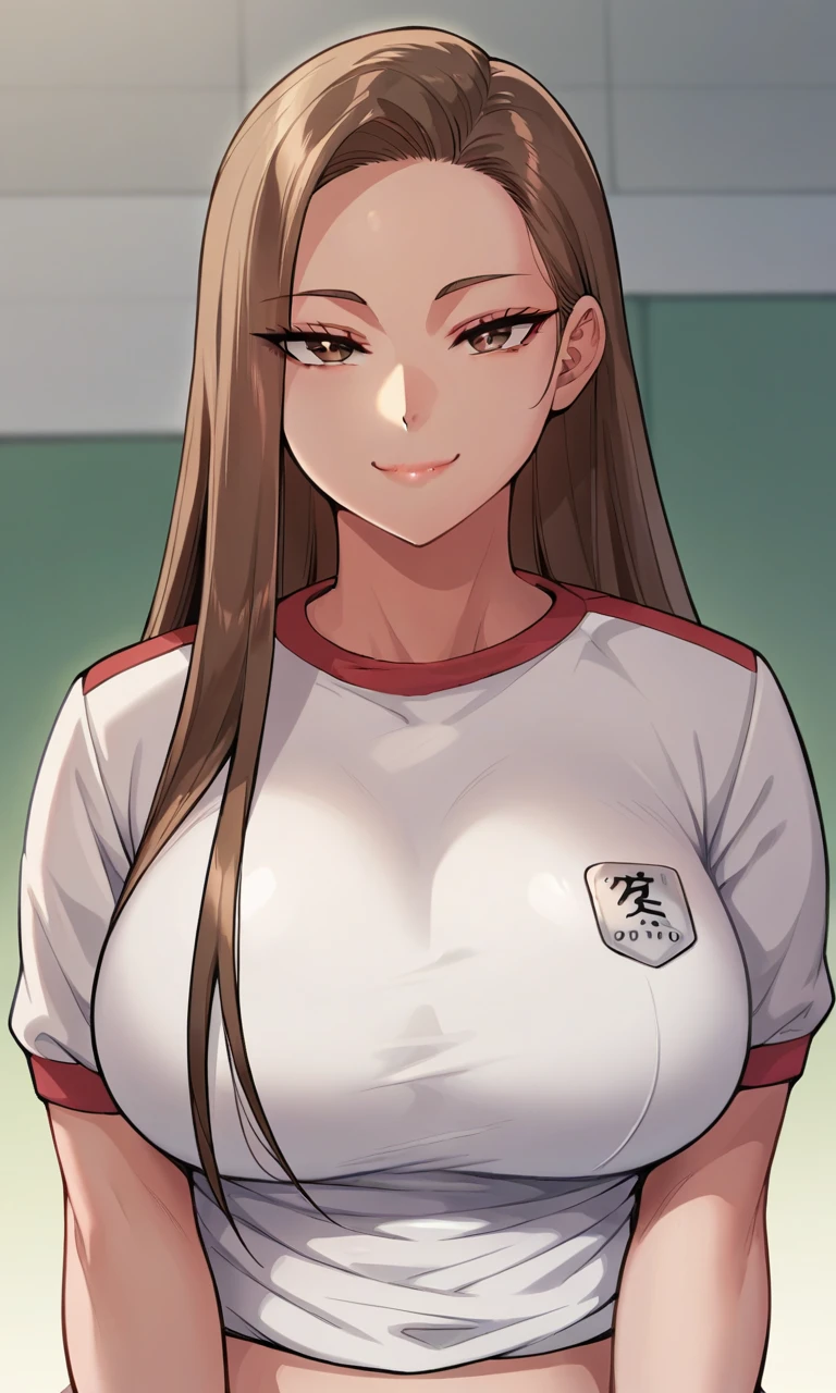 score_9, score_8_up, score_7_up, brown hair, brown eyes, long hair, standing, facing forward, large breasts, shirt, gym uniform, seductive smile, closed mouth, looking at viewer