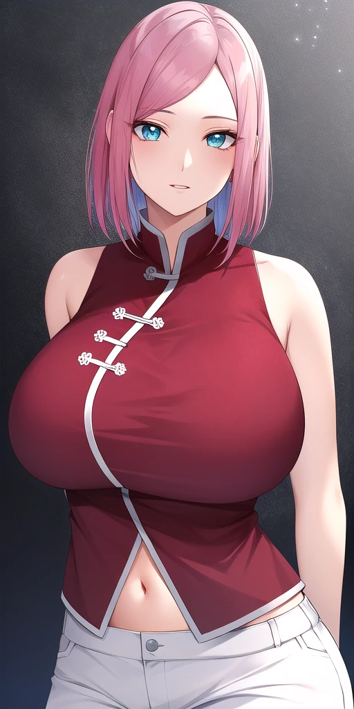 <lora:HarunoSakuraV4:0.7> huge_breasts, harusakumature, standing, solo, arms_behind_back, starry_sky,  red_shirt_sleeveless_white_pants_midriff_navel_open_clothes_chinese_clothes, masterpiece, best_quality, detailed_face, detailed_eyes, highres, beautiful, detailed, absurdres,