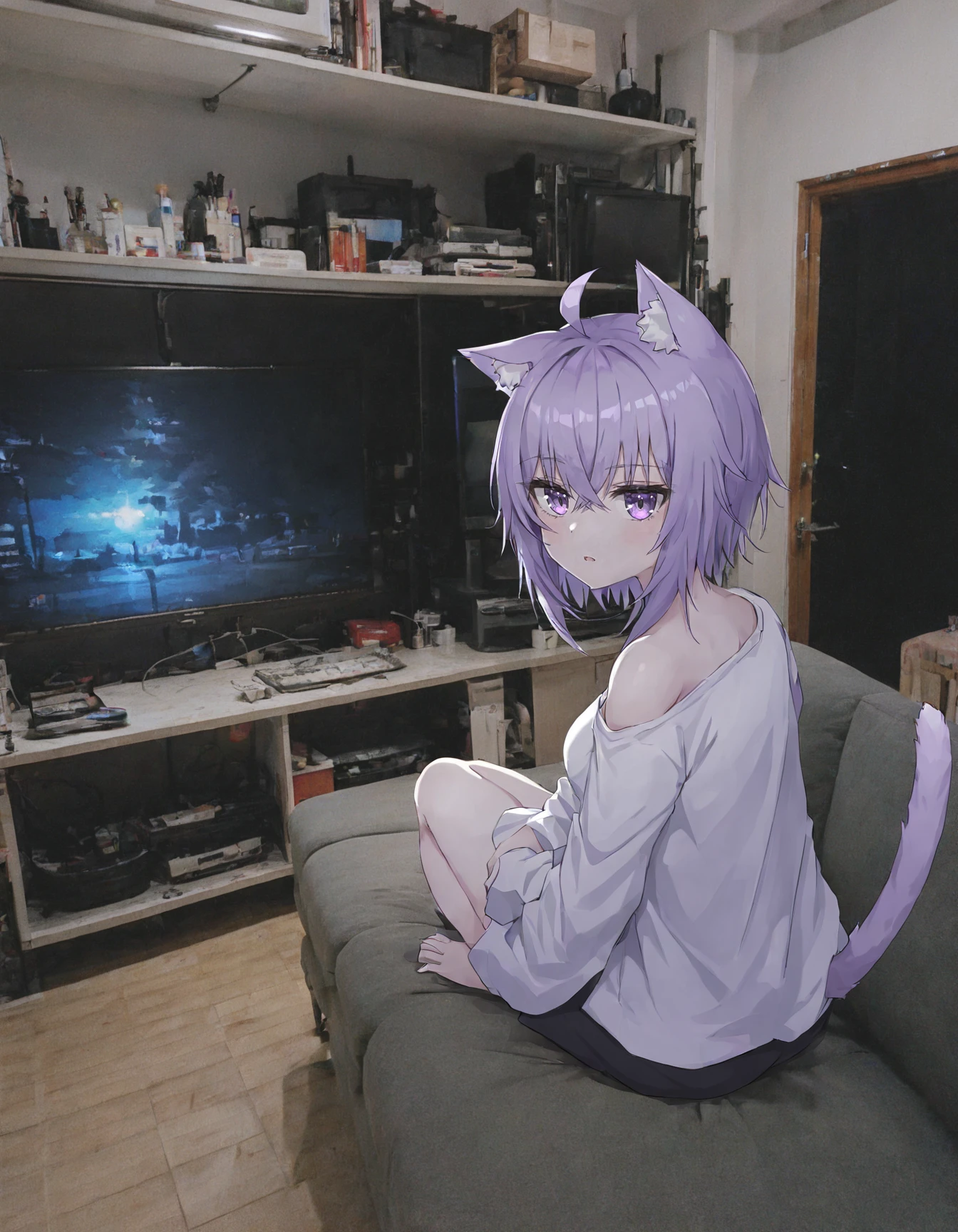 1girl, solo, sitting, on couch, watching television, nekomata okayu, looking at viewer, white shirt, single bare shoulder, collarbone, breasts, dark, indoors, night, photo background, <lora:Y_XNight:0.7>