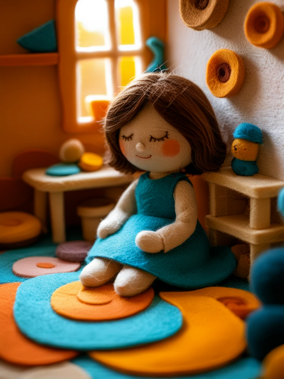 Felt world,felt style,Felt-World\(style\),Felt-World\(style\), [1girl], [sitting on the floor, sleeping with eyes closed, wearing a blue dress, brown hair, smiling, blush], [bedroom, soft lighting, warm colors, scattered toys, plush carpet, soft shadows,<lora:Felt-WorldXL-V1:0.7>,