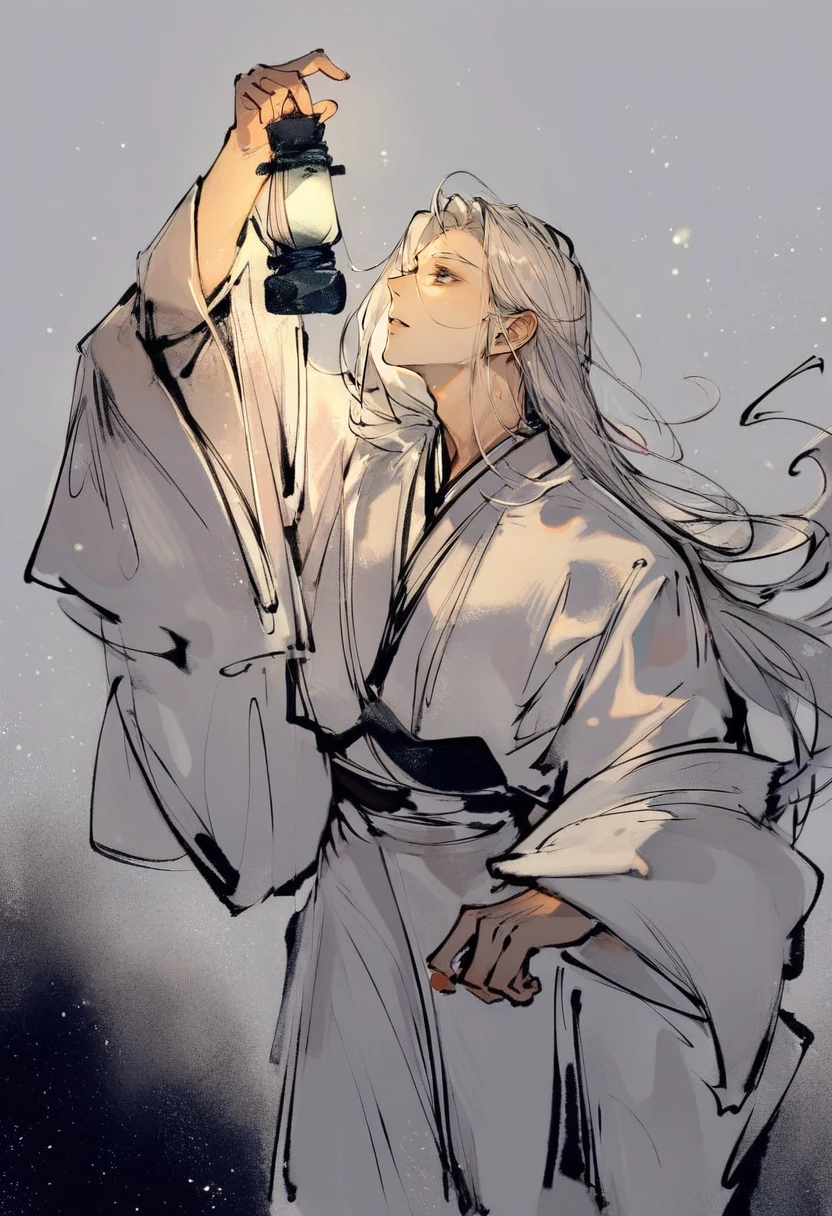 score_9, score_8_up, score_7_up, score_6_up, <lora:InkXL_P6_lokr_V43P1:0.95> monochrome, solo, lantern, holding lantern, long hair, holding, male focus, 1boy, parted lips, looking up, long sleeves, wide sleeves, arm up, grey hair, japanese clothes, robe, cowboy shot, standing, kimono, grey eyes, light particles, hand up, white robe, white hair