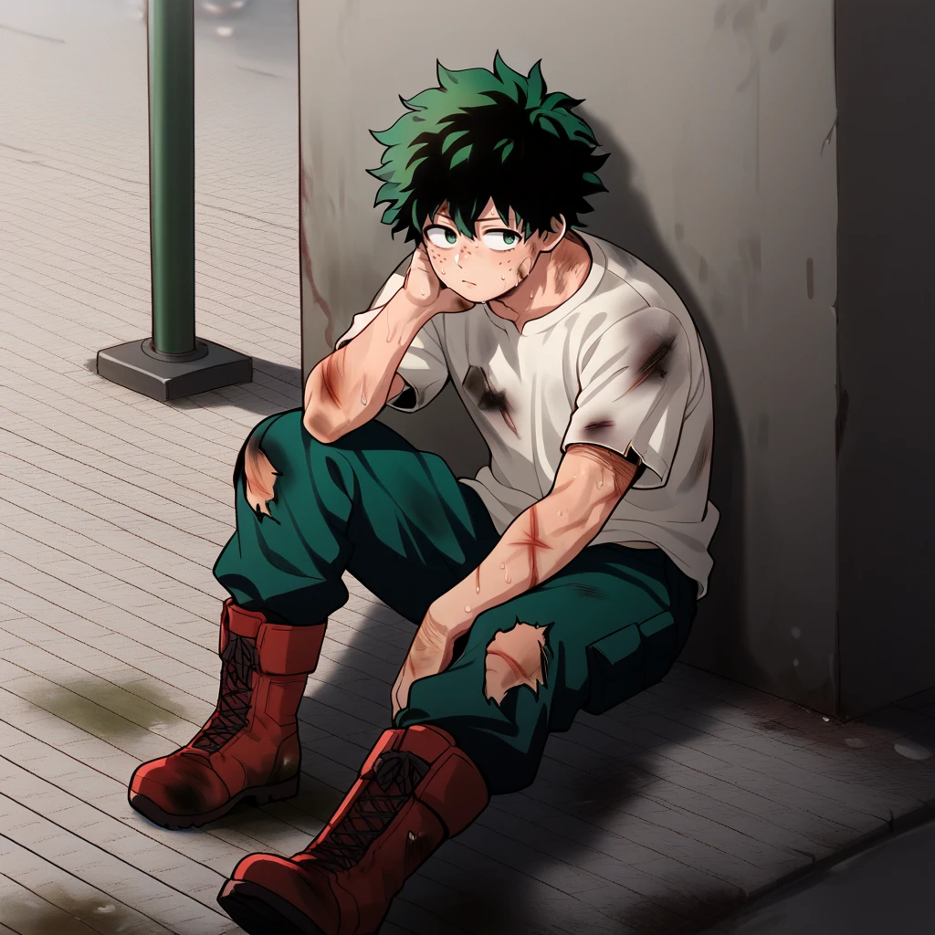 score_9,score_8_up,score_7_up,score_6_up,source_anime,rating_safe, 1boy, Solo, Deku, Izuku Midoriya, Green Hair, Freckles, red boots, Sitting down, sitting on sidewalk, resting, Street Sidewalk, leaning back, <lora:Disheveled:0.8> d1sheveled, messy hair, sweat, exhausted, disheveled clothes <lora:Battle_Damage:0.4> battledamage, solo,  injury, bruises, zPDXL2,