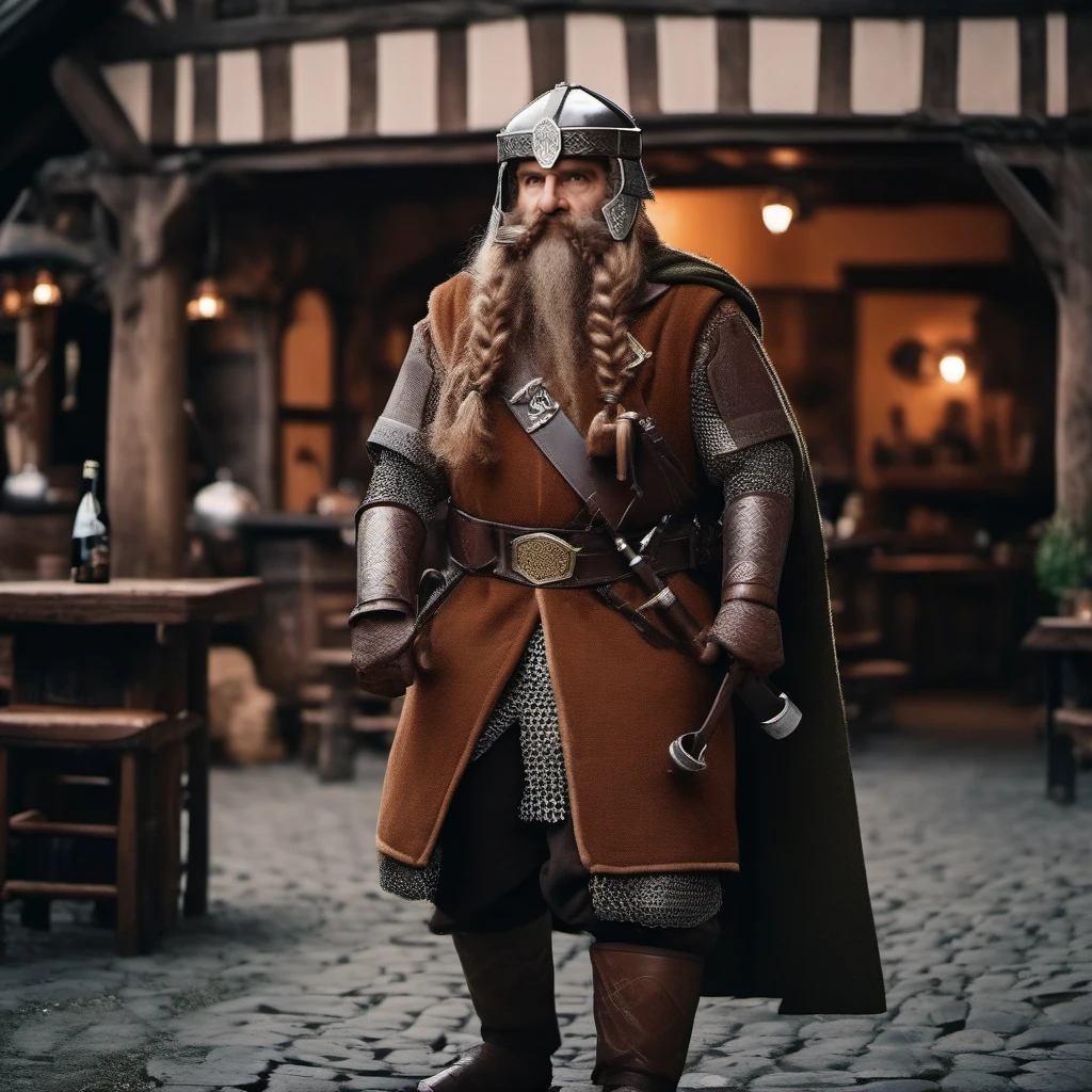 cinematic photo a full body portrait old man, armor, facial hair,  helmet, belt, having a beer in a medieval pub <lora:Gimli1024:0.8> . 35mm photograph, film, bokeh, professional, 4k, highly detailed