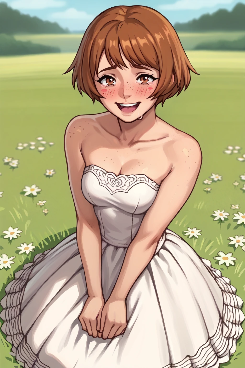 score_9, score_8_up, score_7_up, BREAK 1girl, solo, <lora:NSDorothyFE6:1> NSDorothyFE6, freckles, brown hair, short hair, brown eyes, bridal dress, outdoors, grass field, looking at the viewer, happy, tears of joy, blush stickers