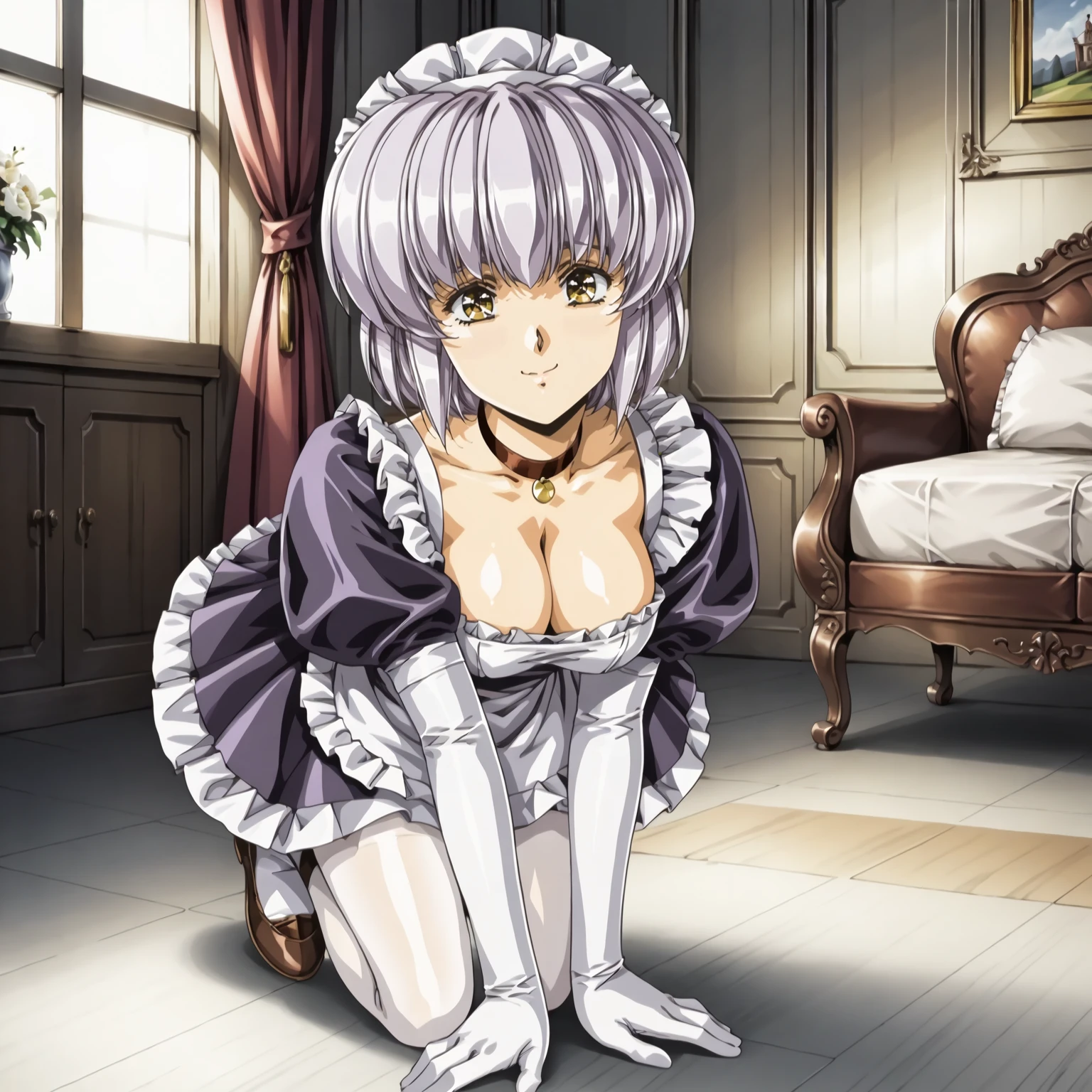 <lora:FI_SophiaXLpony002>,
smile,looking at viewer,
solo,
Sophia,1girl,light purple hair,short hair,sidelocks,yellow eyes,
large breasts,
maid headdress,
choker,
maid,
white_pantyhose,
indoors,
full body,all fours,