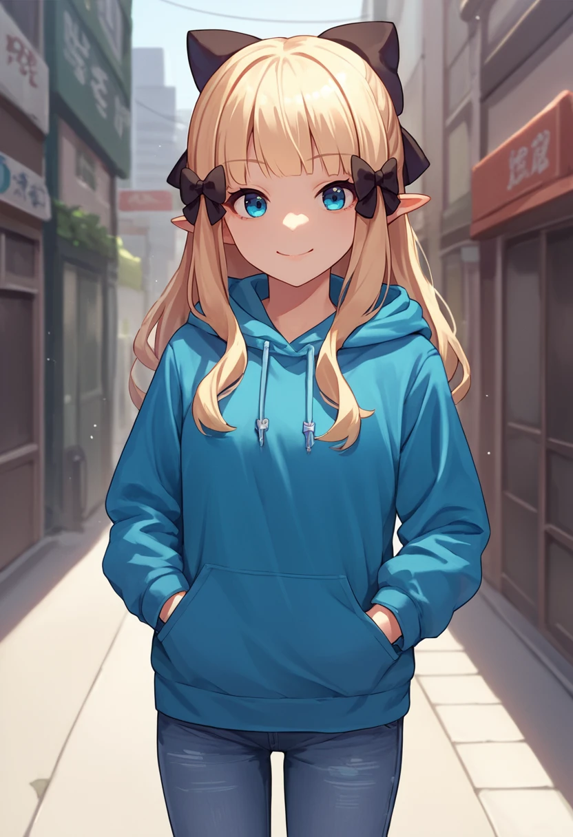 score_9, score_8_up, score_7_up, source_anime, solo, 1girl, sarenastrum, smile, looking at viewer, hands in pockets, hair bow, black bow, pointy ears, blue hoodie, jeans, outdoors, city street <lora:princessconnect_saren_ponyXL:1>