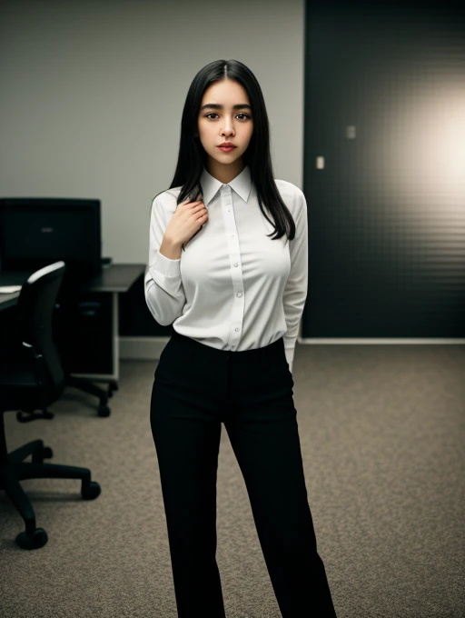 full body shot of business photo of Thefinalgirl,<lora:Thefinalgirl:1>,, pants, black attire, big breasts, collared shirt, tucked shirt. Professional attire, workplace setting, confident. Whole outfit, clear, sharp, balanced<lora:lcm-lora-sd15:1.0>